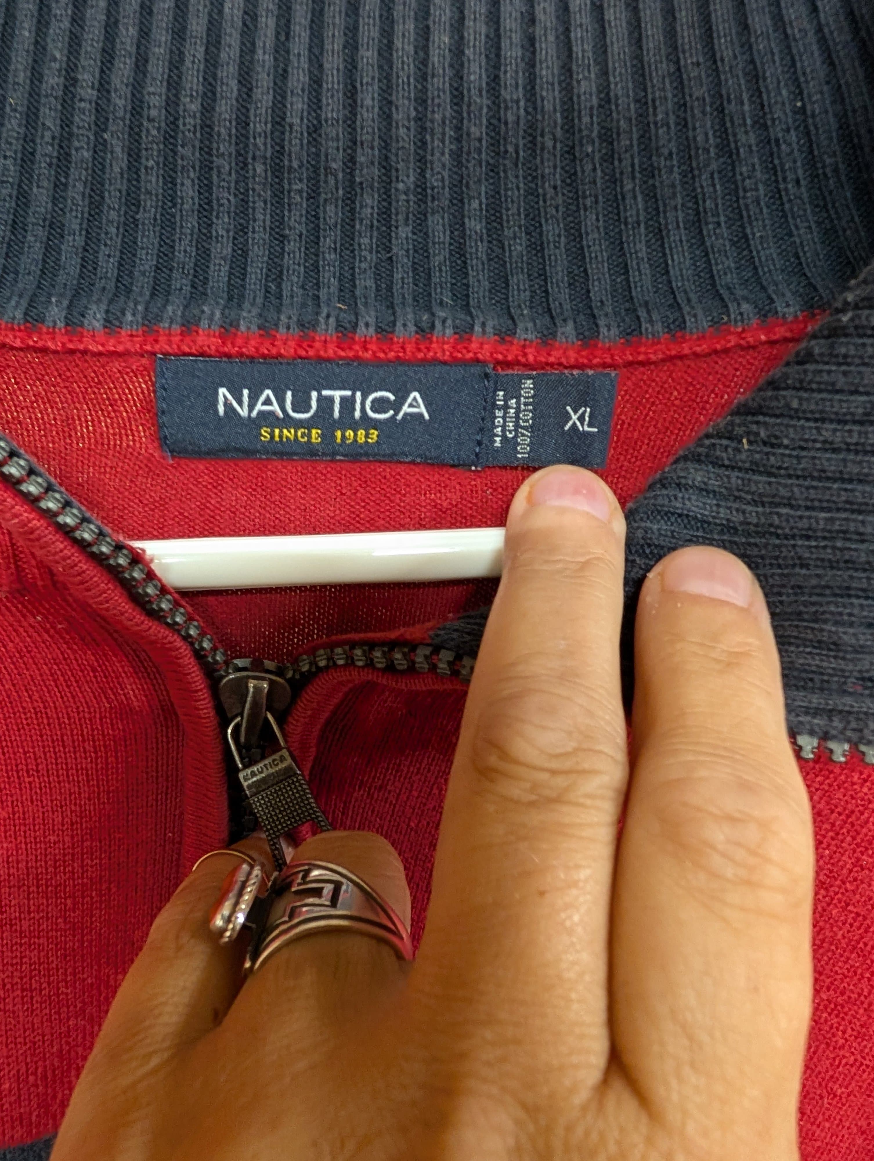 Nautica Red Striped Half-Zip Sweater XL - Thumbnail 2