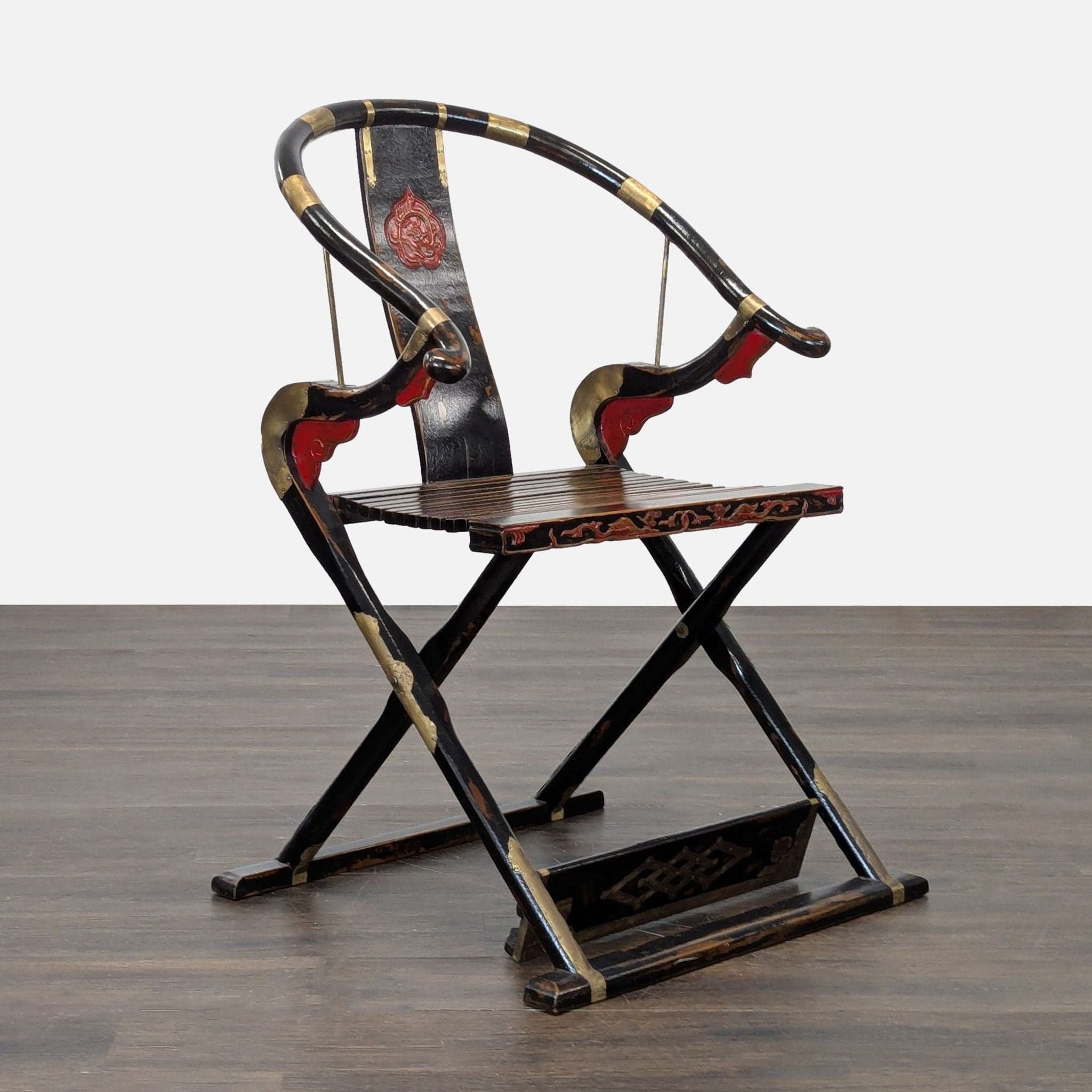 Chinese Folding Horseshoe Prayer Lounge Chair with Red and Gold Accents - Thumbnail 2