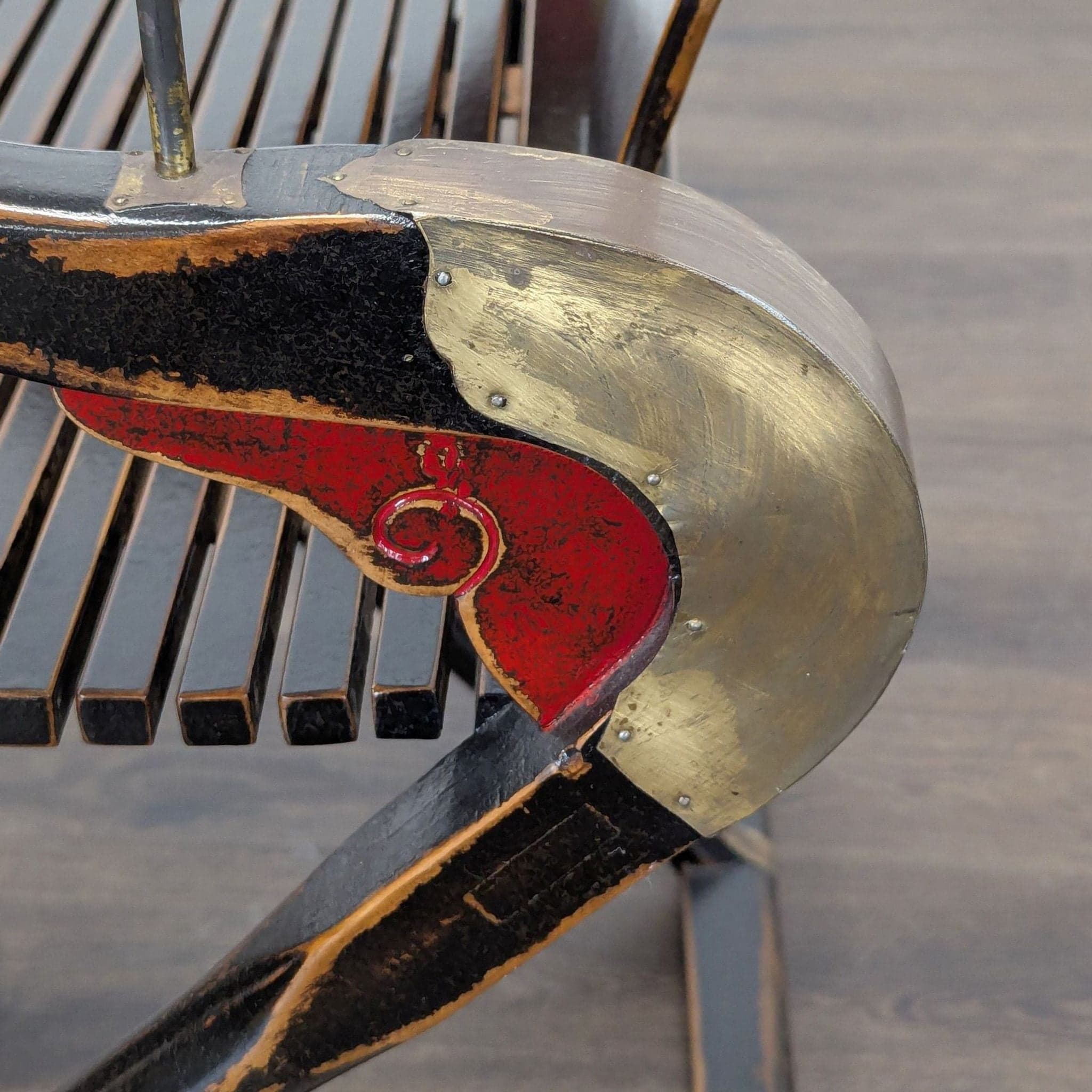 Chinese Folding Horseshoe Prayer Lounge Chair with Red and Gold Accents - Thumbnail 4