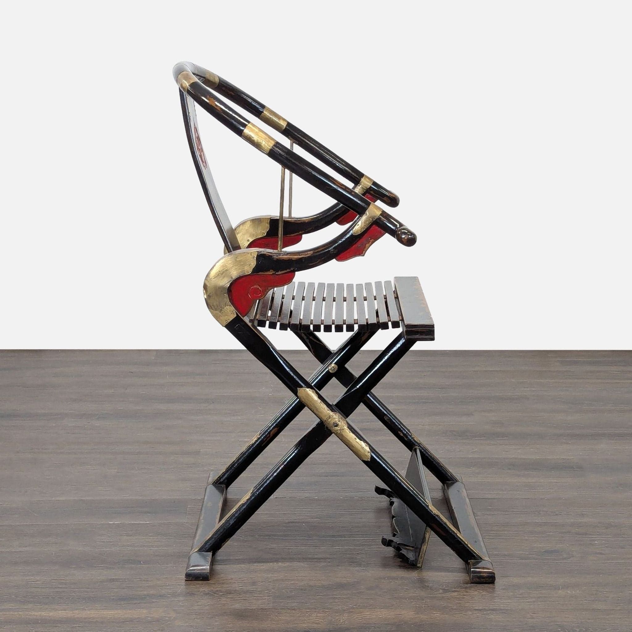 Chinese Folding Horseshoe Prayer Lounge Chair with Red and Gold Accents - Thumbnail 7