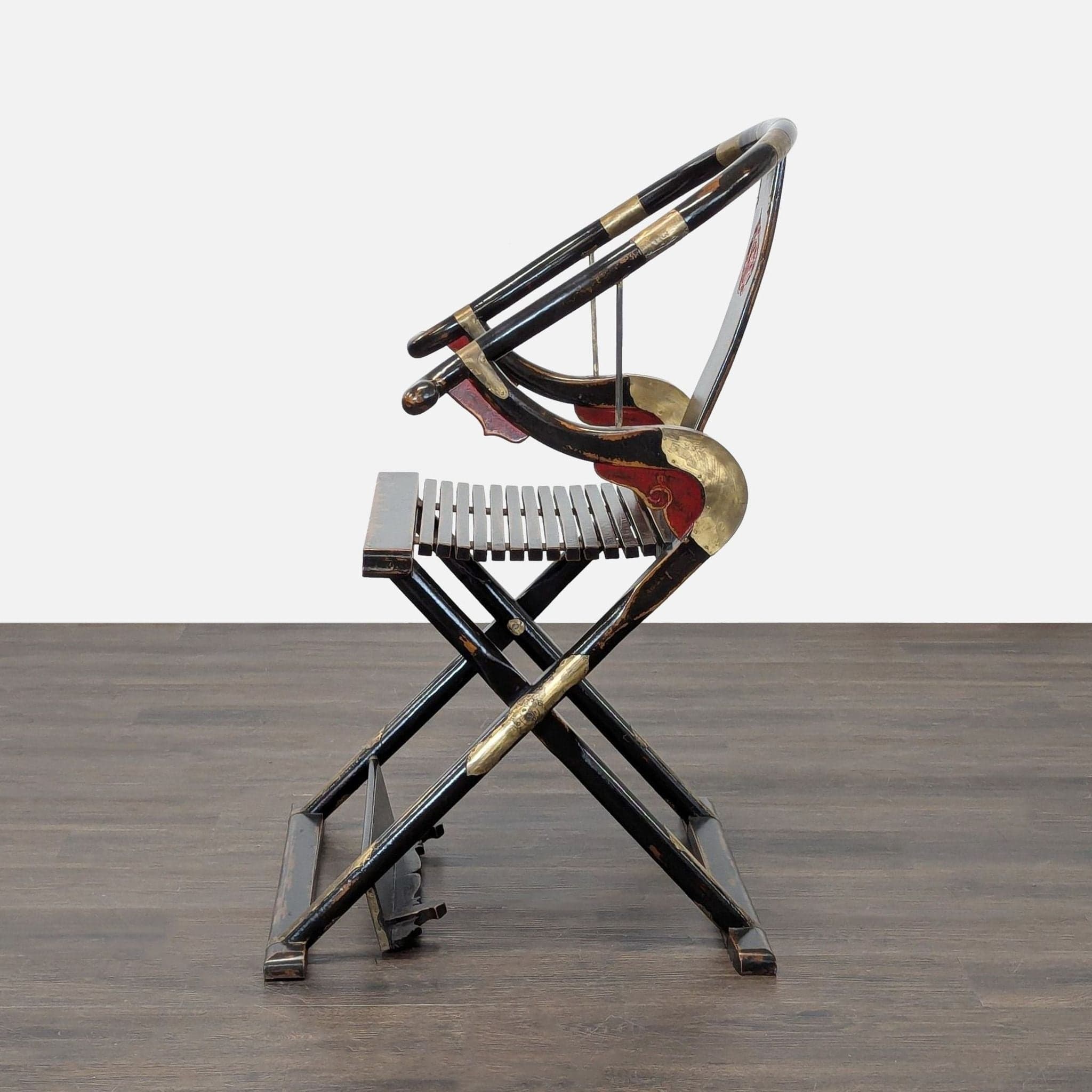 Chinese Folding Horseshoe Prayer Lounge Chair with Red and Gold Accents - Thumbnail 3