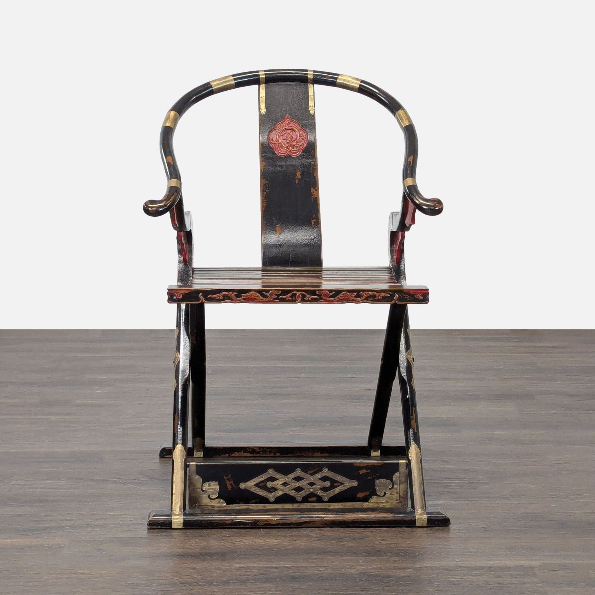 Chinese Folding Horseshoe Prayer Lounge Chair with Red and Gold Accents