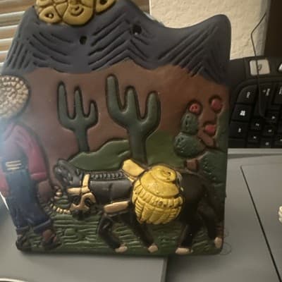 Handmade Mexican Pottery Wall Art Folk Scene with Man and Donkey - Thumbnail 3