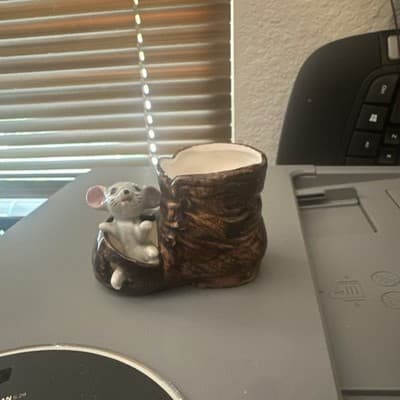 Ceramic Mouse Figurine in Boot Brown White Pink Decorative Collectible - Thumbnail 2