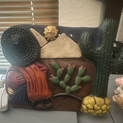 Mexican Handmade Folk Art Wall Plaque with Cactus and Traditional Figure - Thumbnail 3