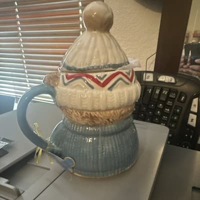Ceramic Bear Cookie Jar with Lid, Blue Sweater, Heart Details, Novelty - Thumbnail 2