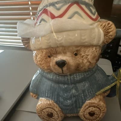 Ceramic Bear Cookie Jar with Lid, Blue Sweater, Heart Details, Novelty - Thumbnail 3