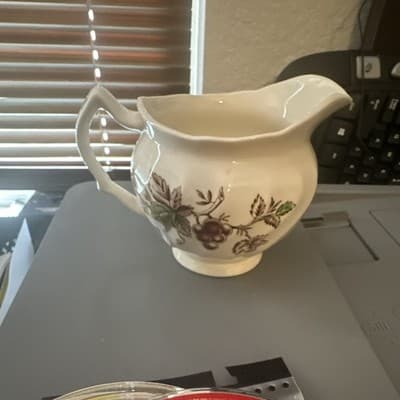 Ceramic Fruit Pattern Creamer Glossy Pottery White Green Red Brown Round - Thumbnail 3