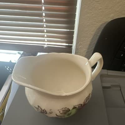 Ceramic Fruit Pattern Creamer Glossy Pottery White Green Red Brown Round - Thumbnail 2