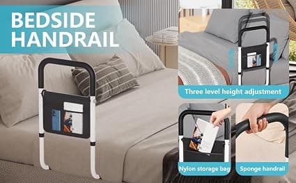 "Hopelight Adjustable Bed Rail Support Handle with Storage Pouch, White and Black, Height Assist Safety Guard, Adjustable Bed Assist Rails for Seniors & Patients - Fits All Beds, Tool-Free Assembly - Thumbnail 2