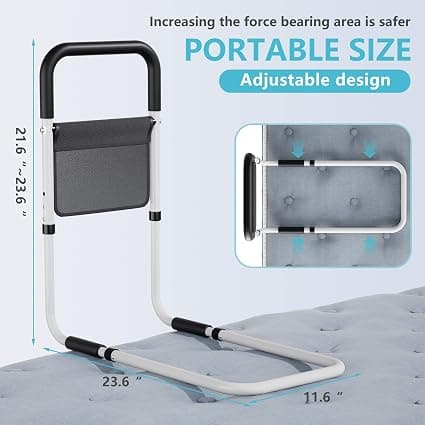 "Hopelight Adjustable Bed Rail Support Handle with Storage Pouch, White and Black, Height Assist Safety Guard, Adjustable Bed Assist Rails for Seniors & Patients - Fits All Beds, Tool-Free Assembly - Thumbnail 4