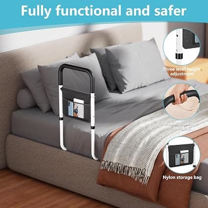 "Hopelight Adjustable Bed Rail Support Handle with Storage Pouch, White and Black, Height Assist Safety Guard, Adjustable Bed Assist Rails for Seniors & Patients - Fits All Beds, Tool-Free Assembly - Thumbnail 5