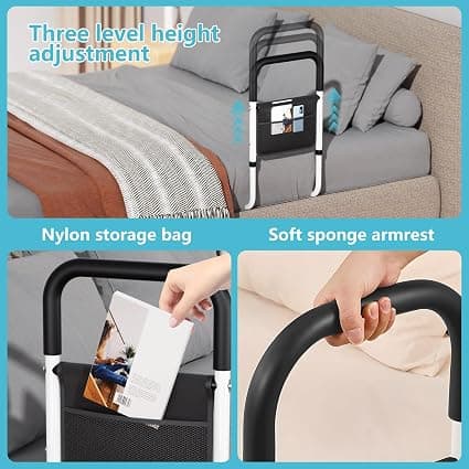 "Hopelight Adjustable Bed Rail Support Handle with Storage Pouch, White and Black, Height Assist Safety Guard, Adjustable Bed Assist Rails for Seniors & Patients - Fits All Beds, Tool-Free Assembly - Thumbnail 3
