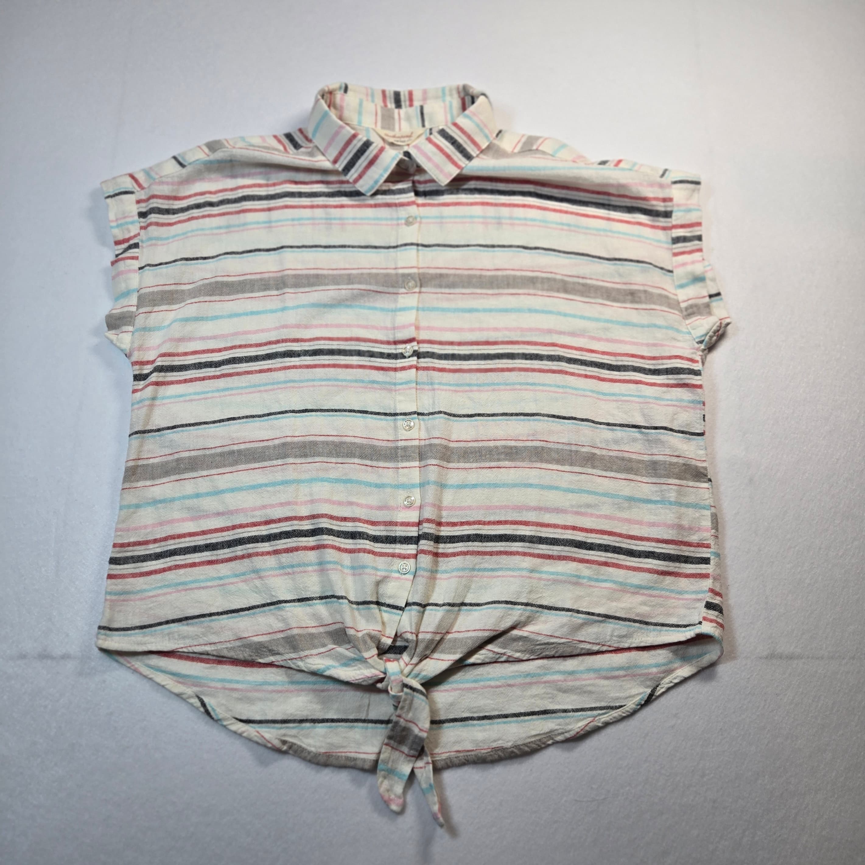 Women's Striped Button-Up Linen Short Sleeve Shirt Size Small