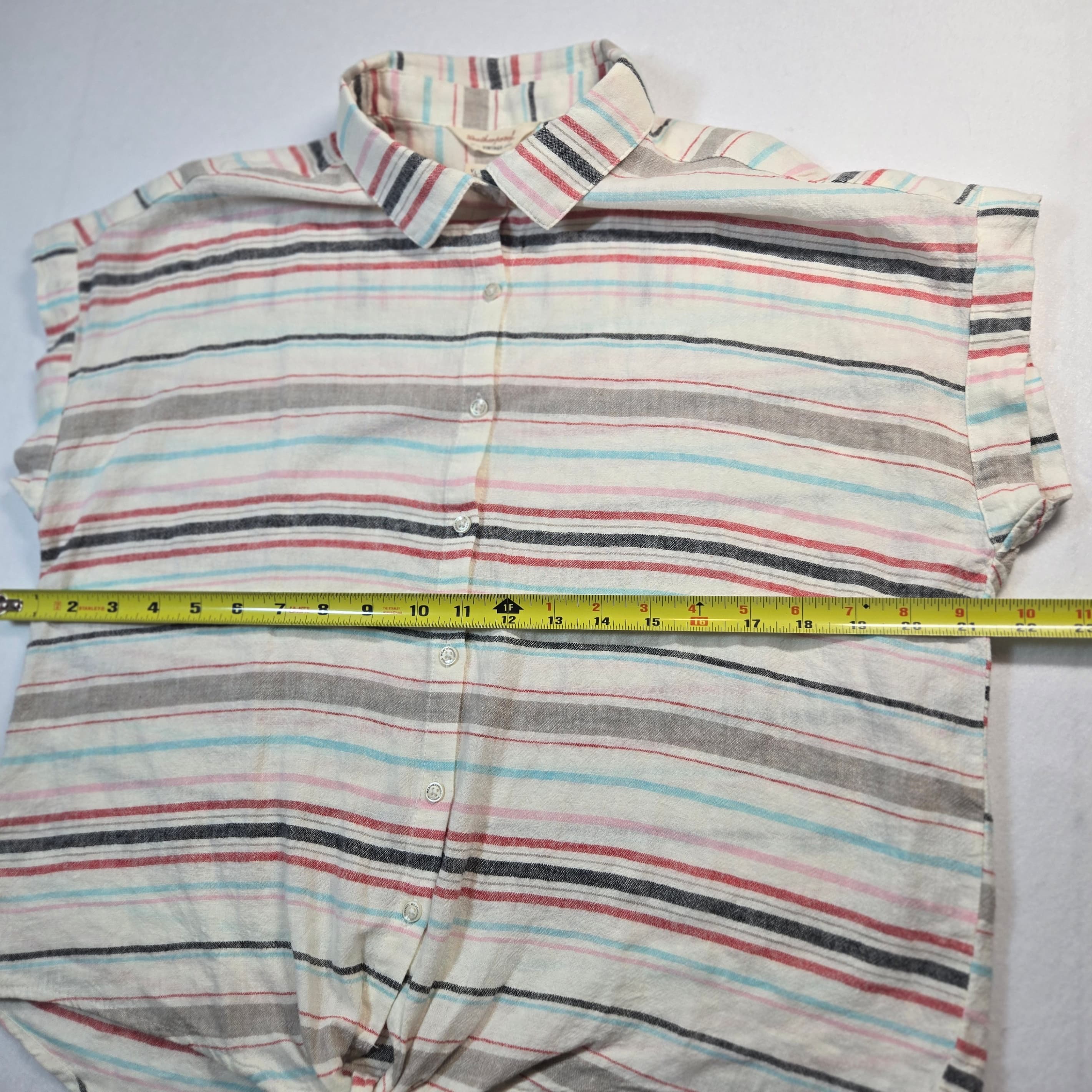 Women's Striped Button-Up Linen Short Sleeve Shirt Size Small - Thumbnail 2