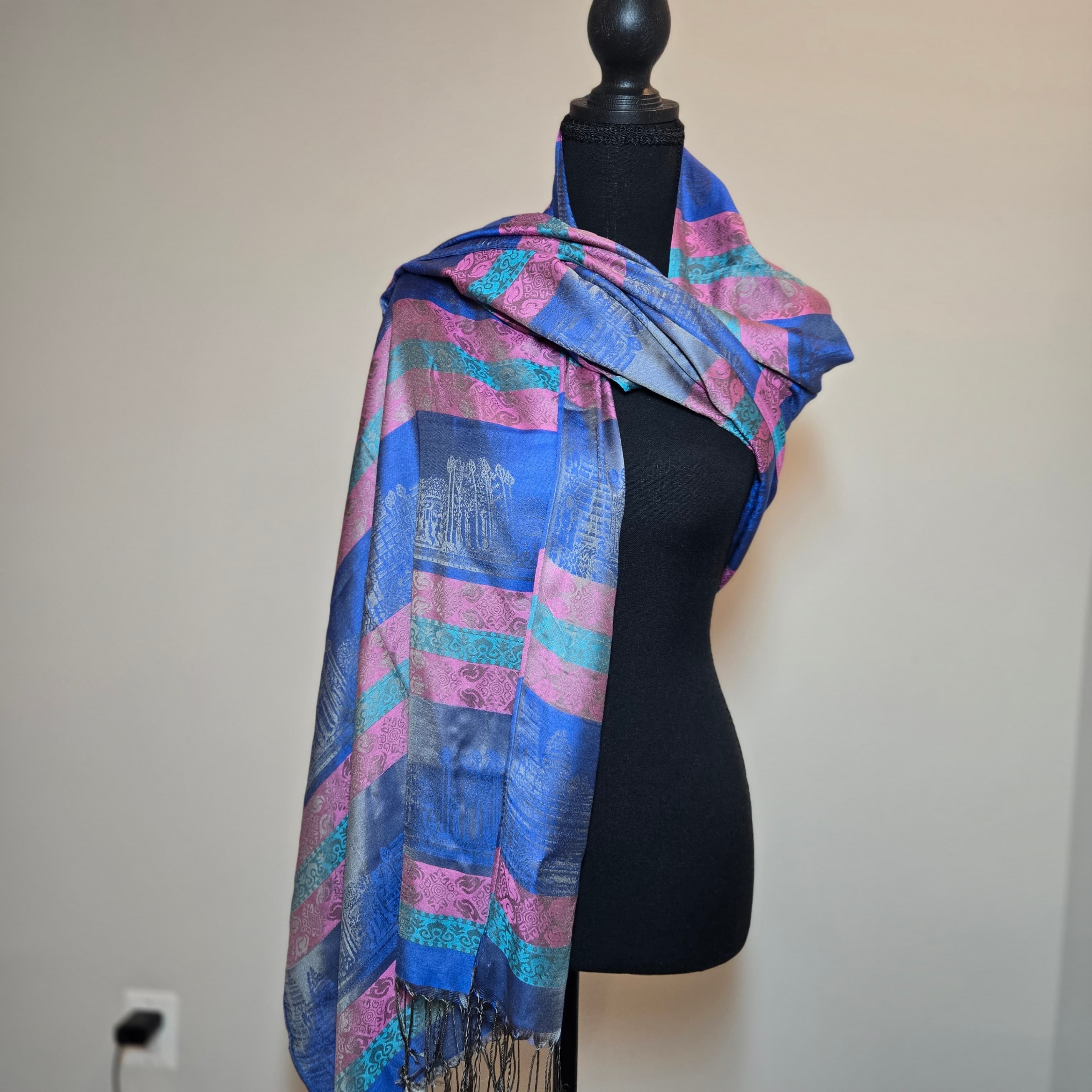 Colorful Patterned Wrap Scarf with Fringe 100% Silk - Thumbnail 2