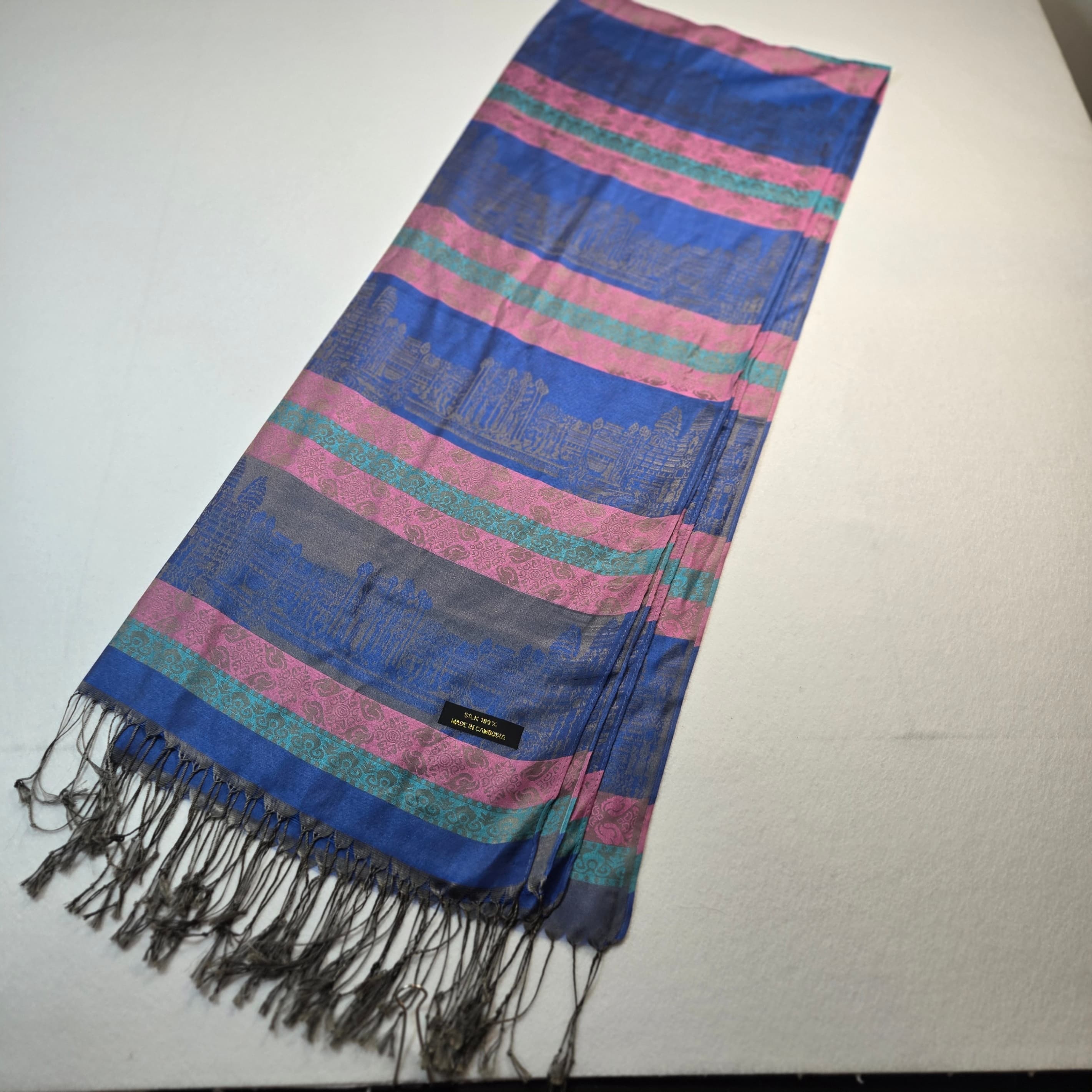 Colorful Patterned Wrap Scarf with Fringe 100% Silk - Thumbnail 6