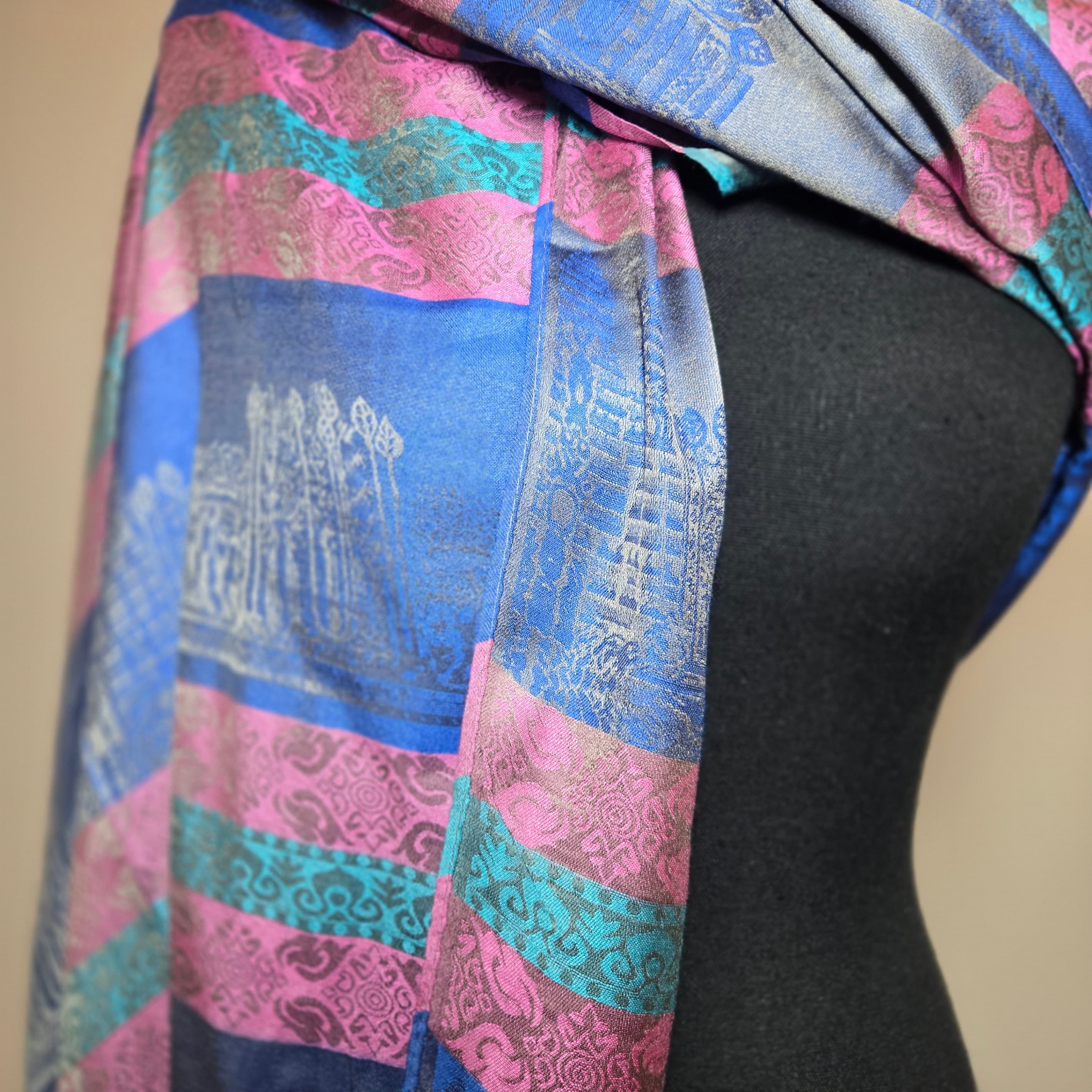 Colorful Patterned Wrap Scarf with Fringe 100% Silk - Thumbnail 3