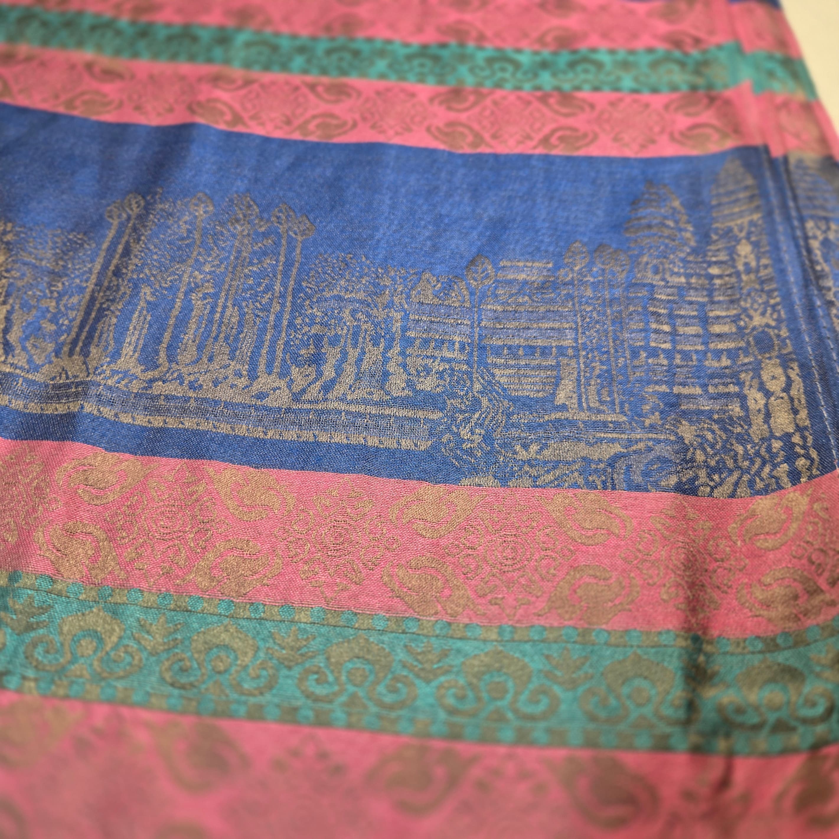 Colorful Patterned Wrap Scarf with Fringe 100% Silk - Thumbnail 4