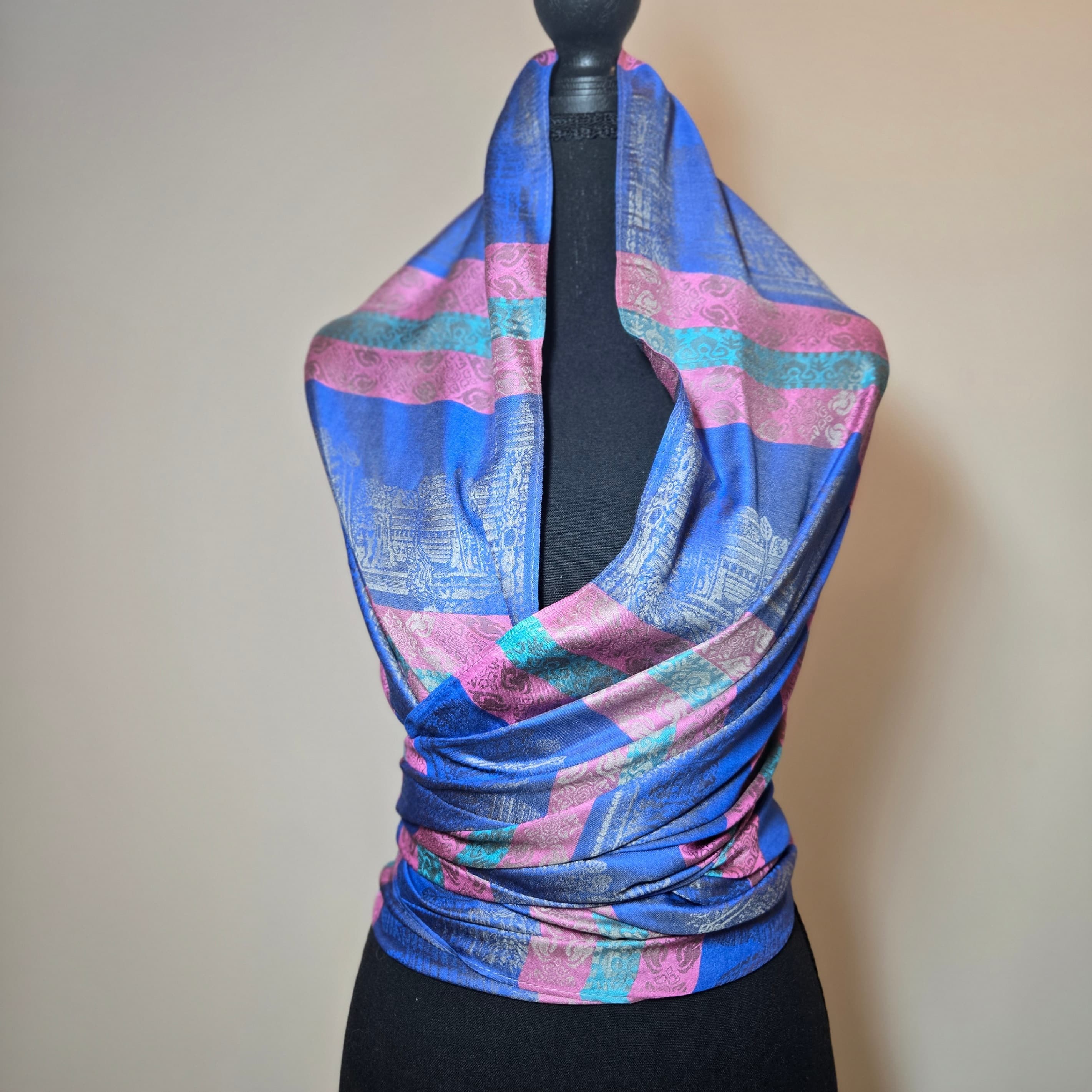Colorful Patterned Wrap Scarf with Fringe 100% Silk