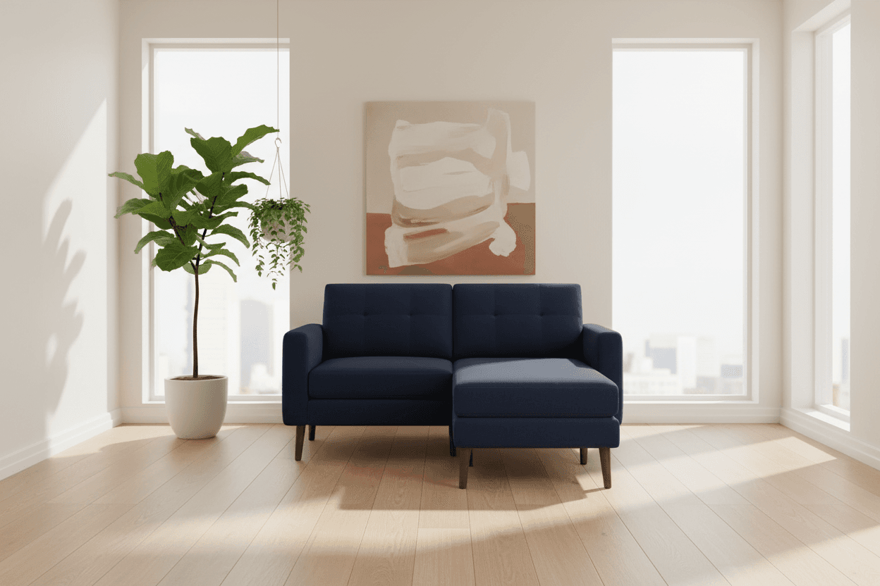 Burrow Navy Blue - Performance Flatweave Nomad Loveseat Sofa w Chaise FFE-1143