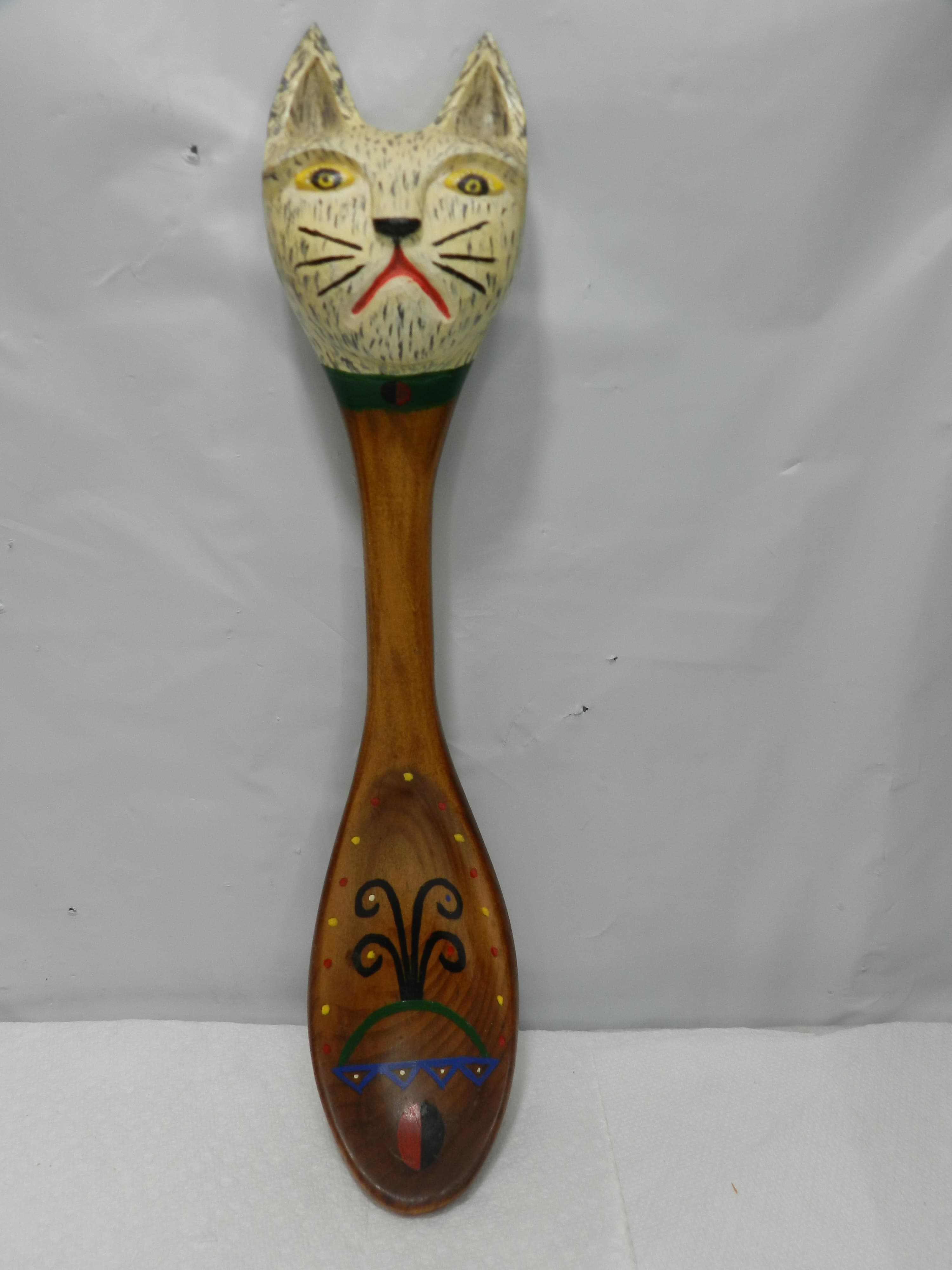 Vintage Folk Art Hand Carved Wooden Spoon Cat Head  by R. Fitzwater  (M99S)