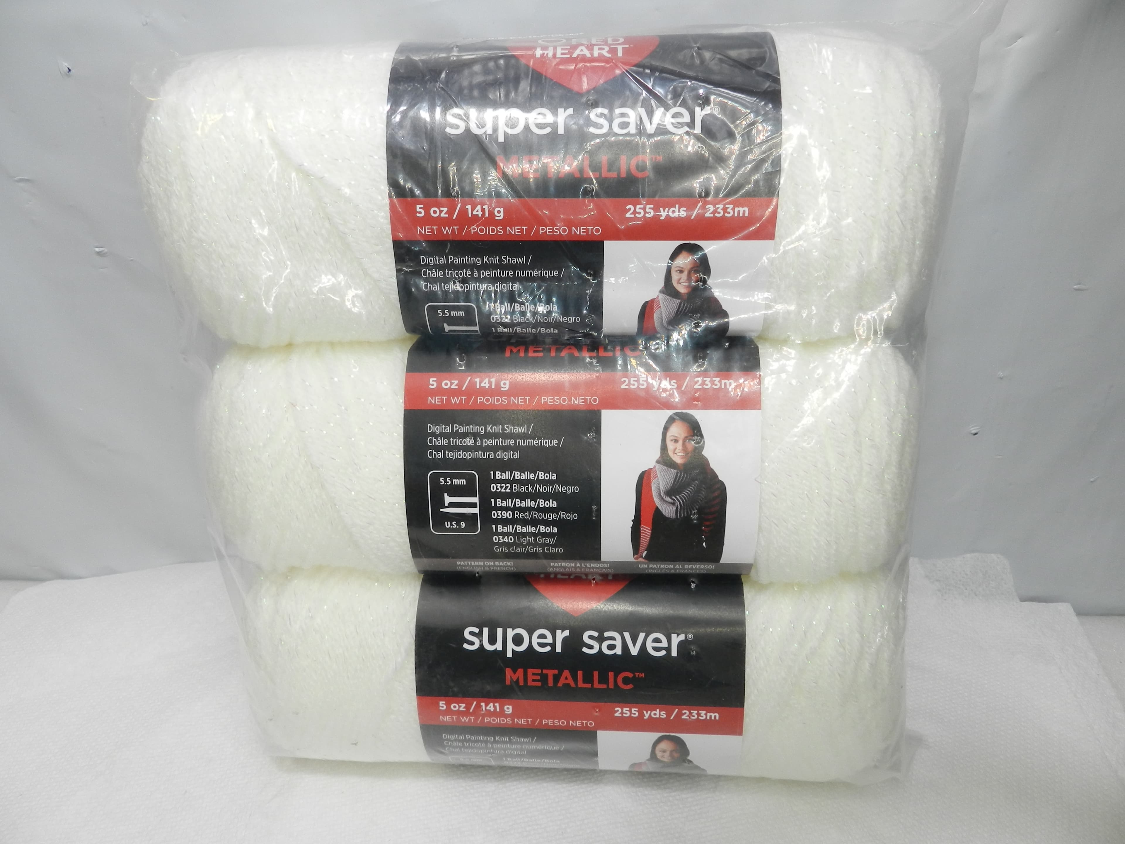 3 Red Heart Super Saver Metallic Yarn, 5 oz/255 yds, White 3 Skeins N4K