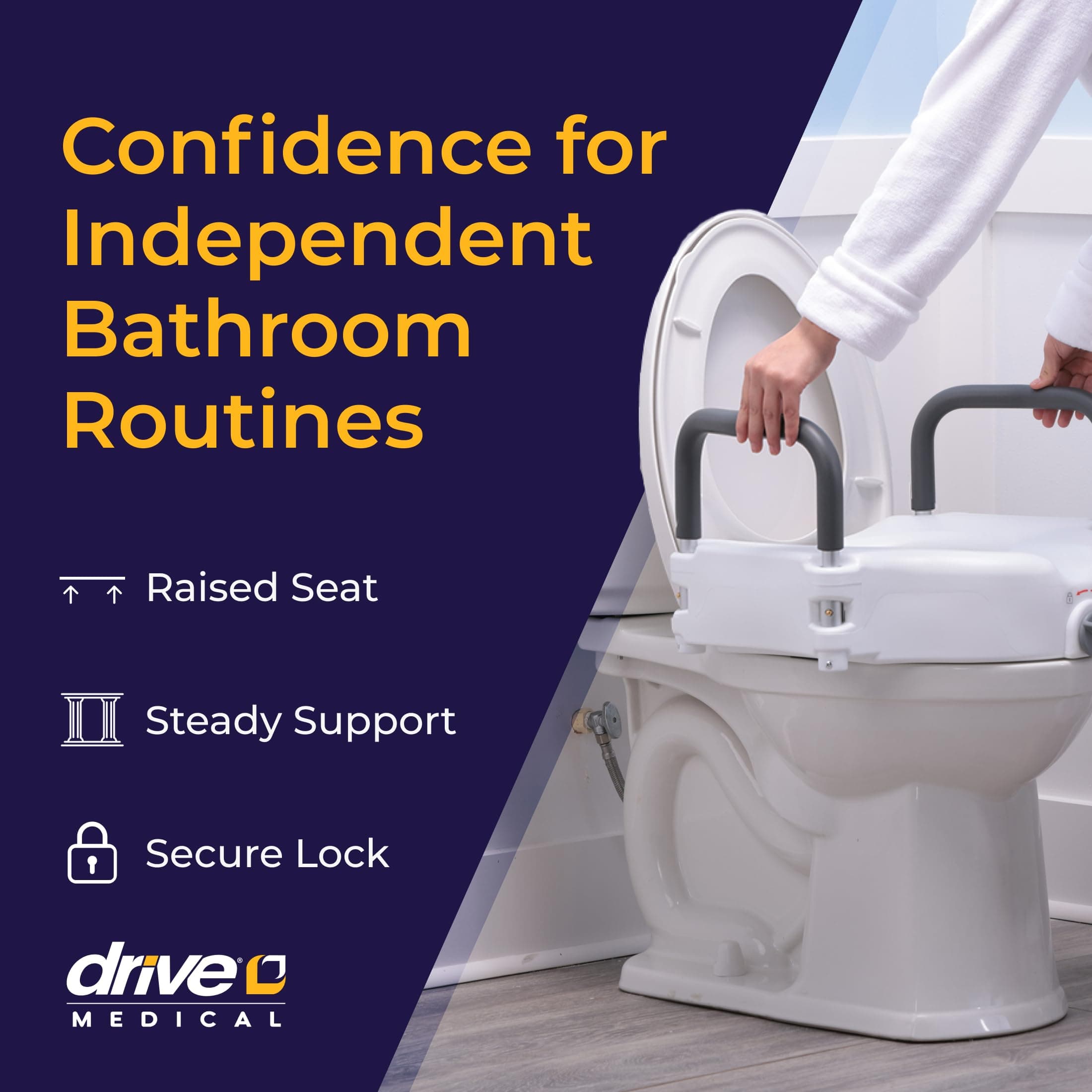Drive Medical 2-in-1 Raised Toilet Seat with Removable Padded Arms - Elevated Bathroom Safety Support - Secure Locking Attachment - Easy Height Assistance - Durable Plastic Construction - Thumbnail 2