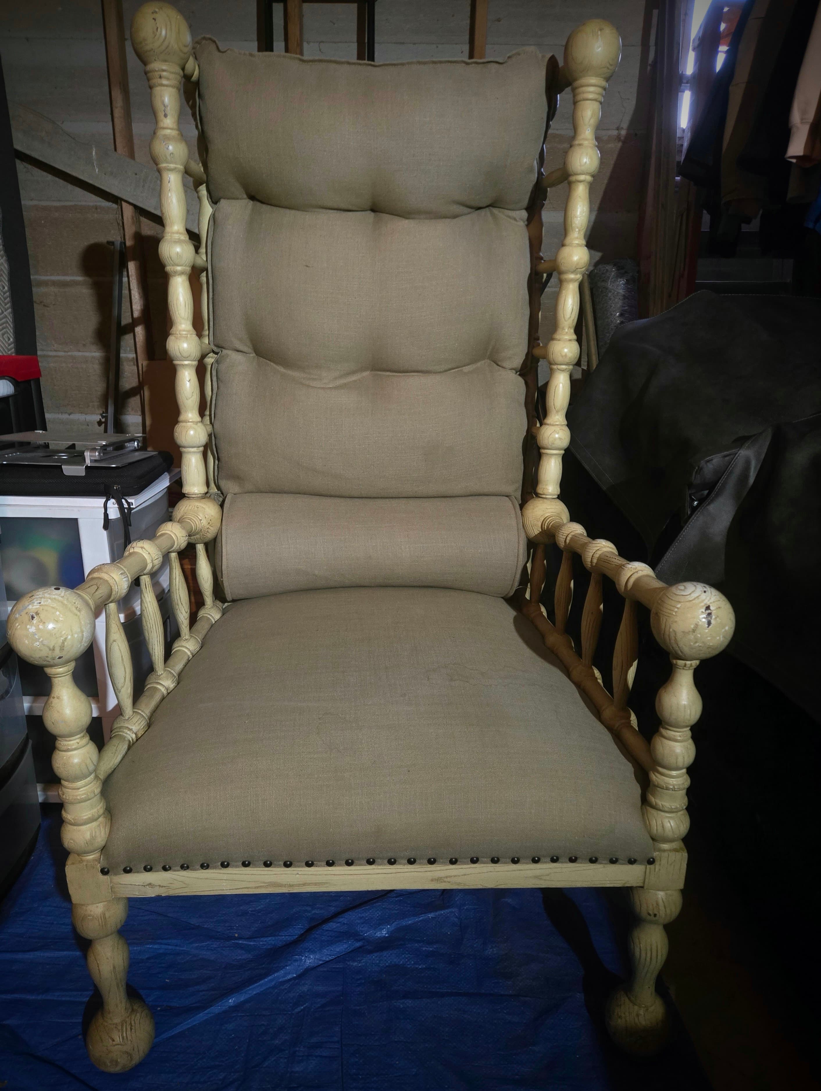 Vintage High Back Wooden Armchair with Cushions