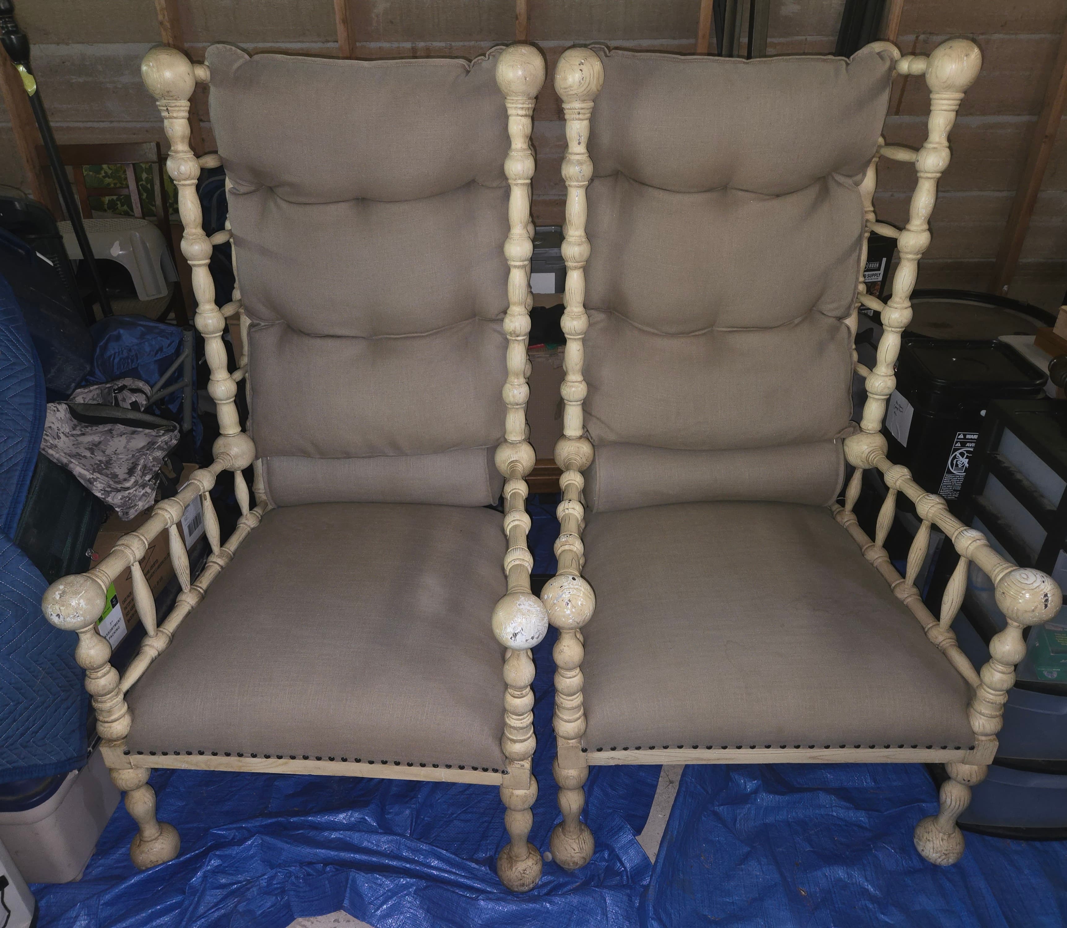 Vintage High Back Wooden Armchair with Cushions - Thumbnail 2