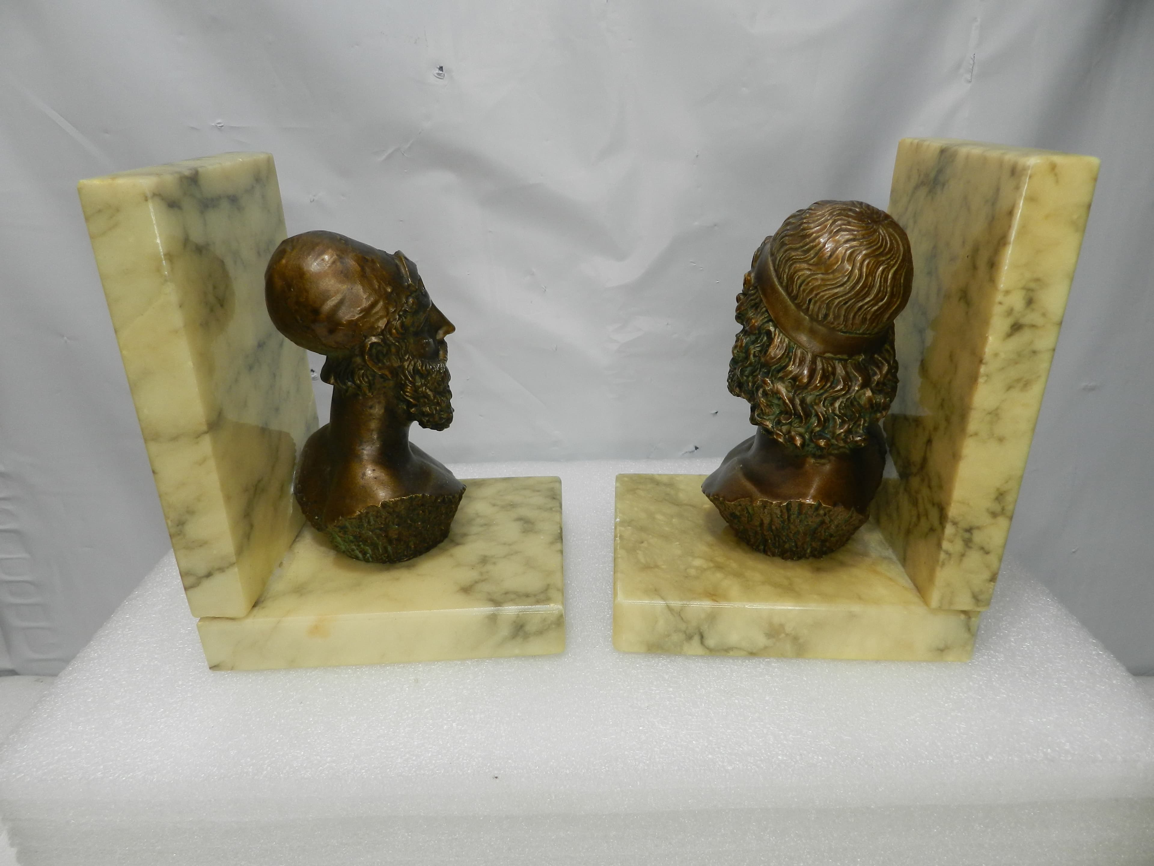 Vintage Bookends Bronze-Finished Busts Homer & Poseidon Marble Bases Italy N7J - Thumbnail 2