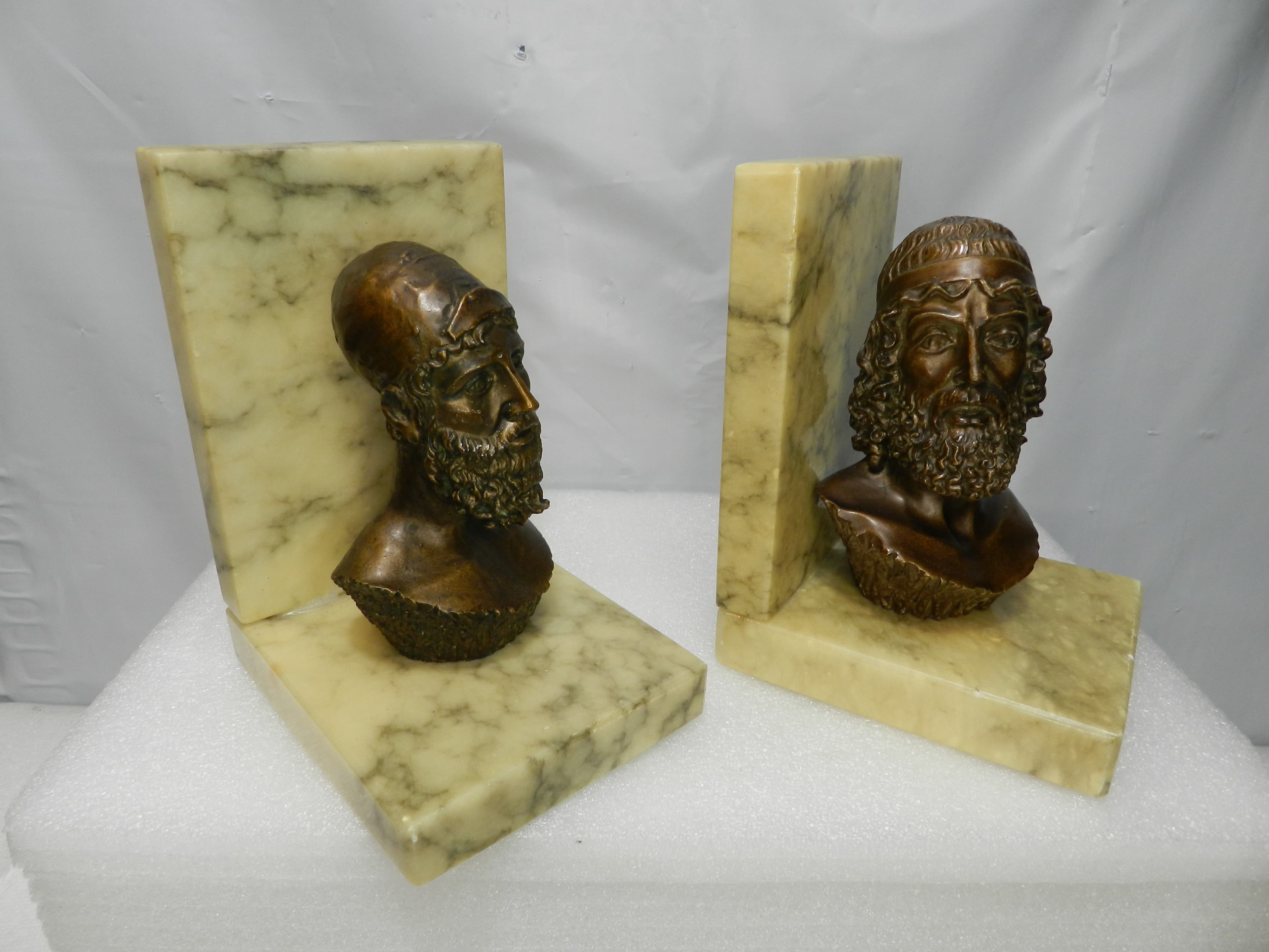 Vintage Bookends Bronze-Finished Busts Homer & Poseidon Marble Bases Italy N7J - Thumbnail 5