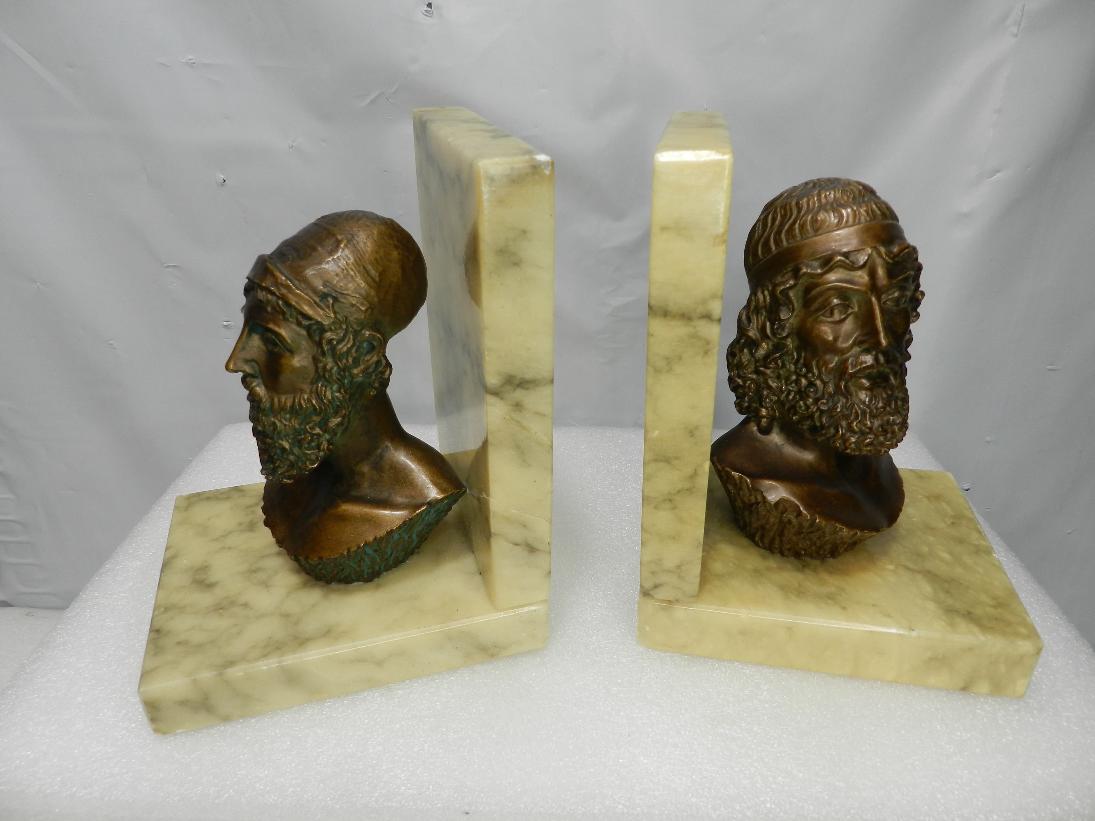 Vintage Bookends Bronze-Finished Busts Homer & Poseidon Marble Bases Italy N7J - Thumbnail 7