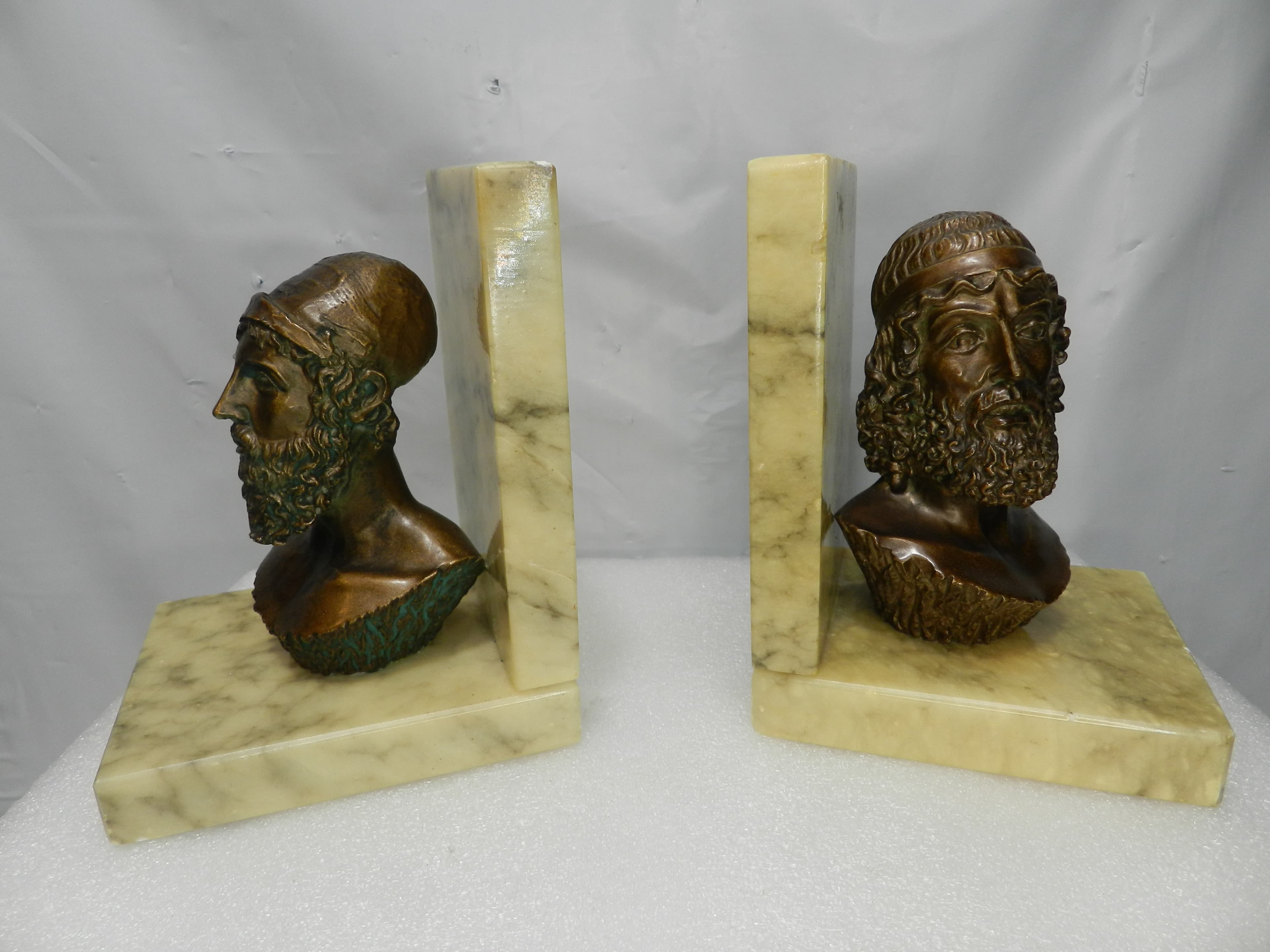 Vintage Bookends Bronze-Finished Busts Homer & Poseidon Marble Bases Italy N7J - Thumbnail 11