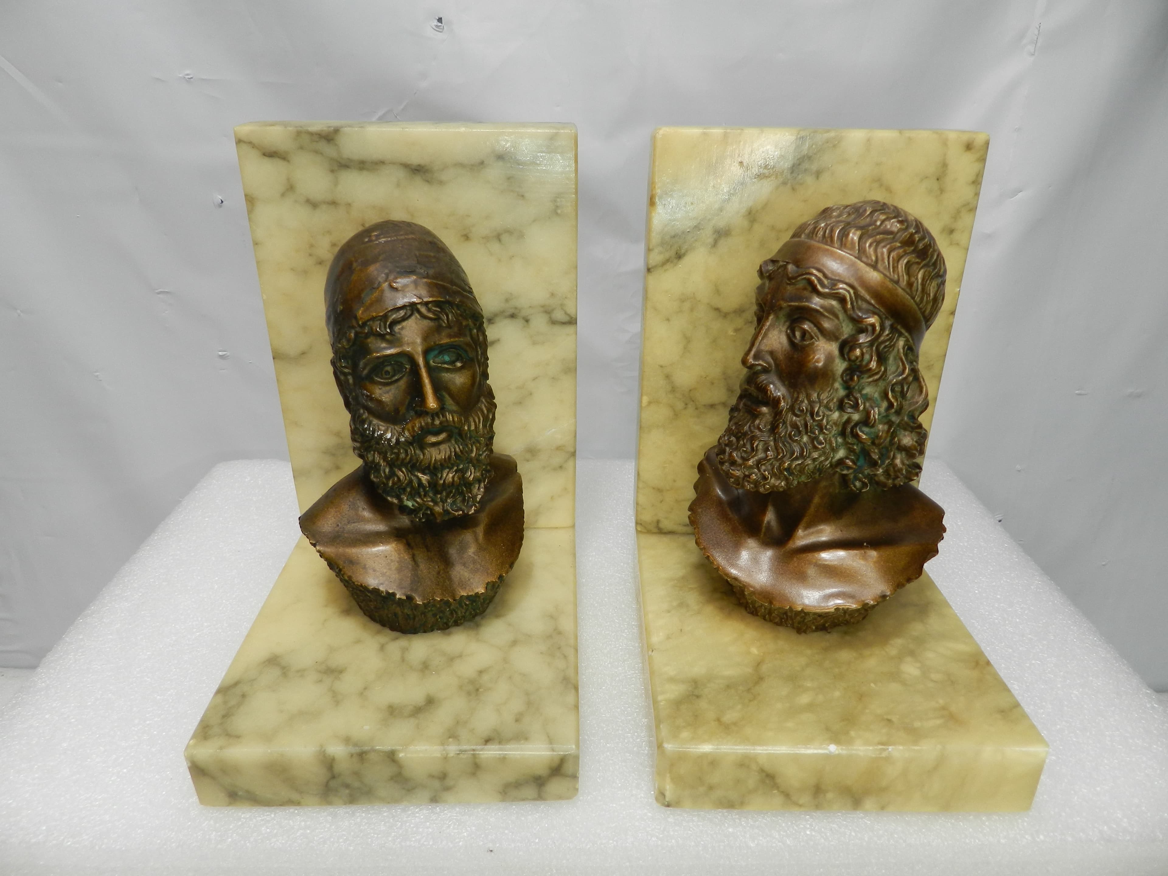 Vintage Bookends Bronze-Finished Busts Homer & Poseidon Marble Bases Italy N7J - Thumbnail 12