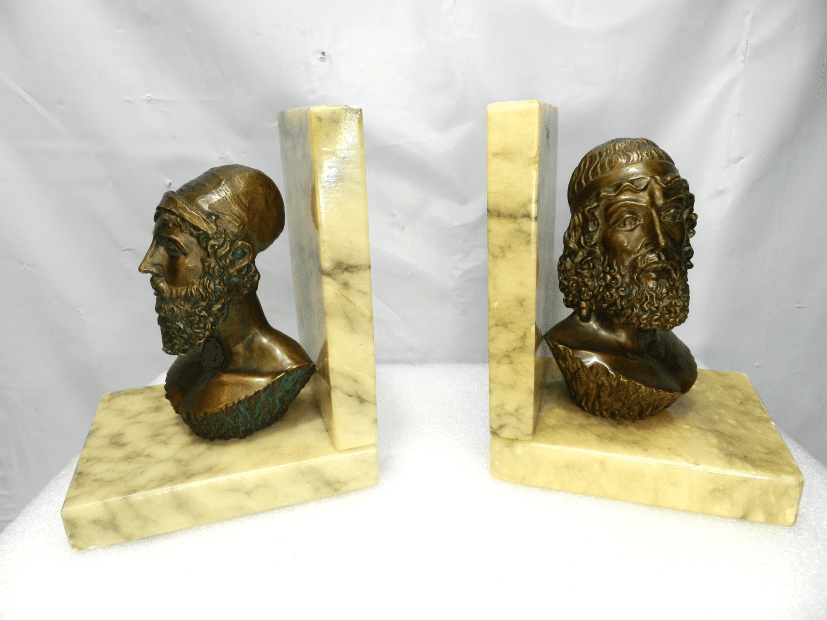 Vintage Bookends Bronze-Finished Busts Homer & Poseidon Marble Bases Italy N7J