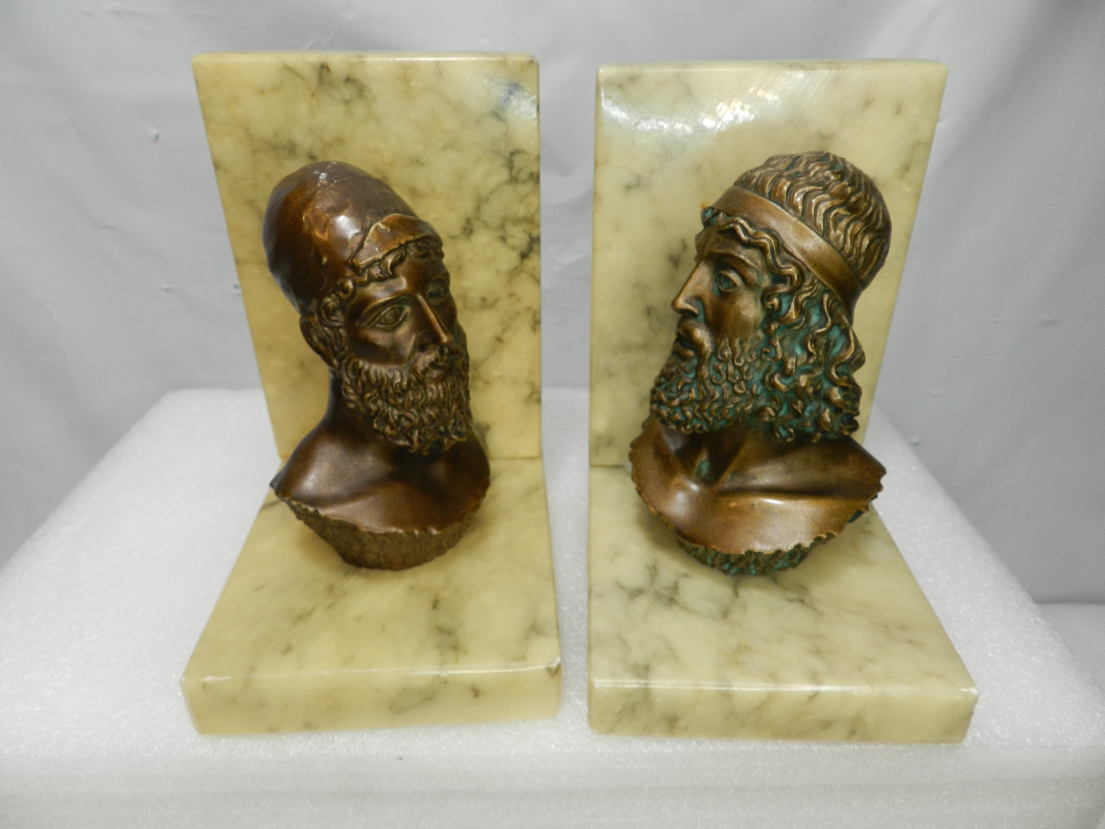 Vintage Bookends Bronze-Finished Busts Homer & Poseidon Marble Bases Italy N8J - Thumbnail 2