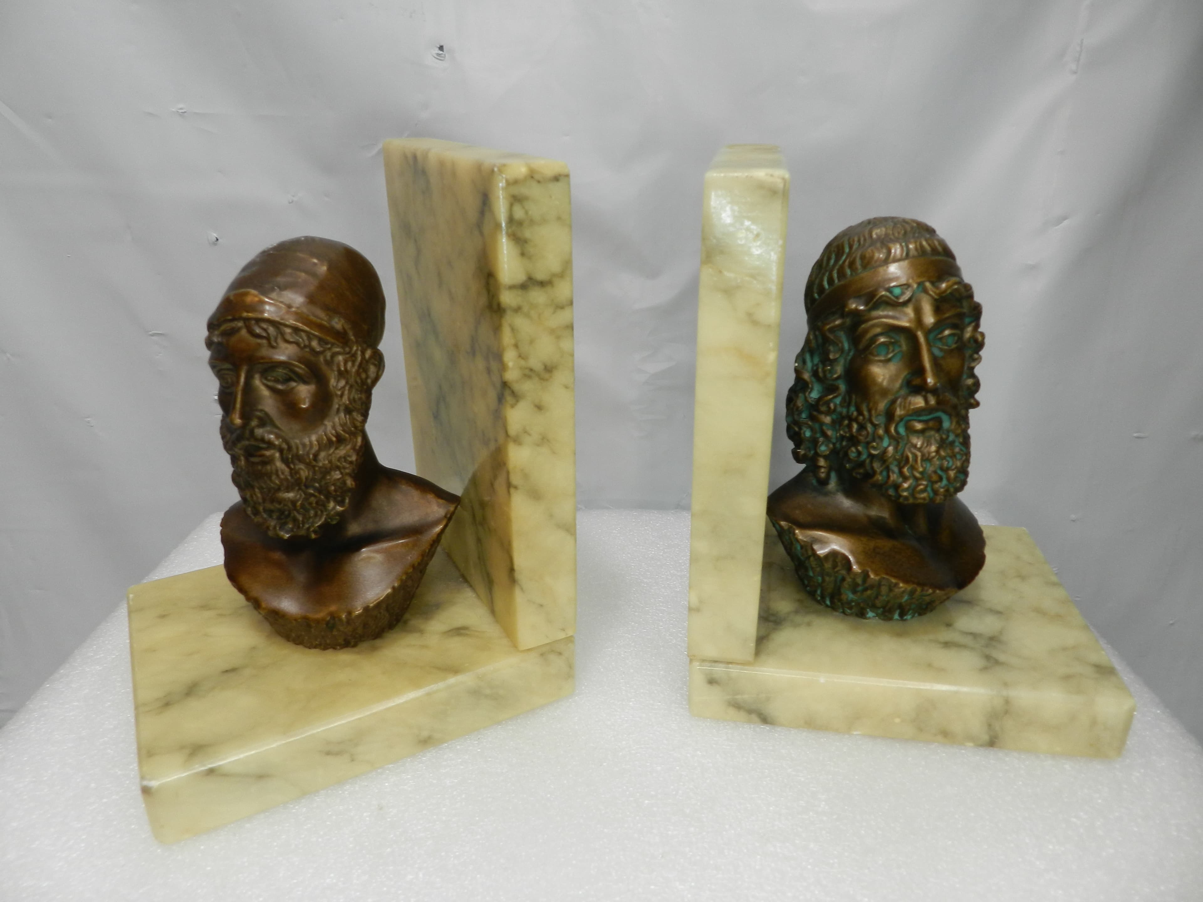 Vintage Bookends Bronze-Finished Busts Homer & Poseidon Marble Bases Italy N8J