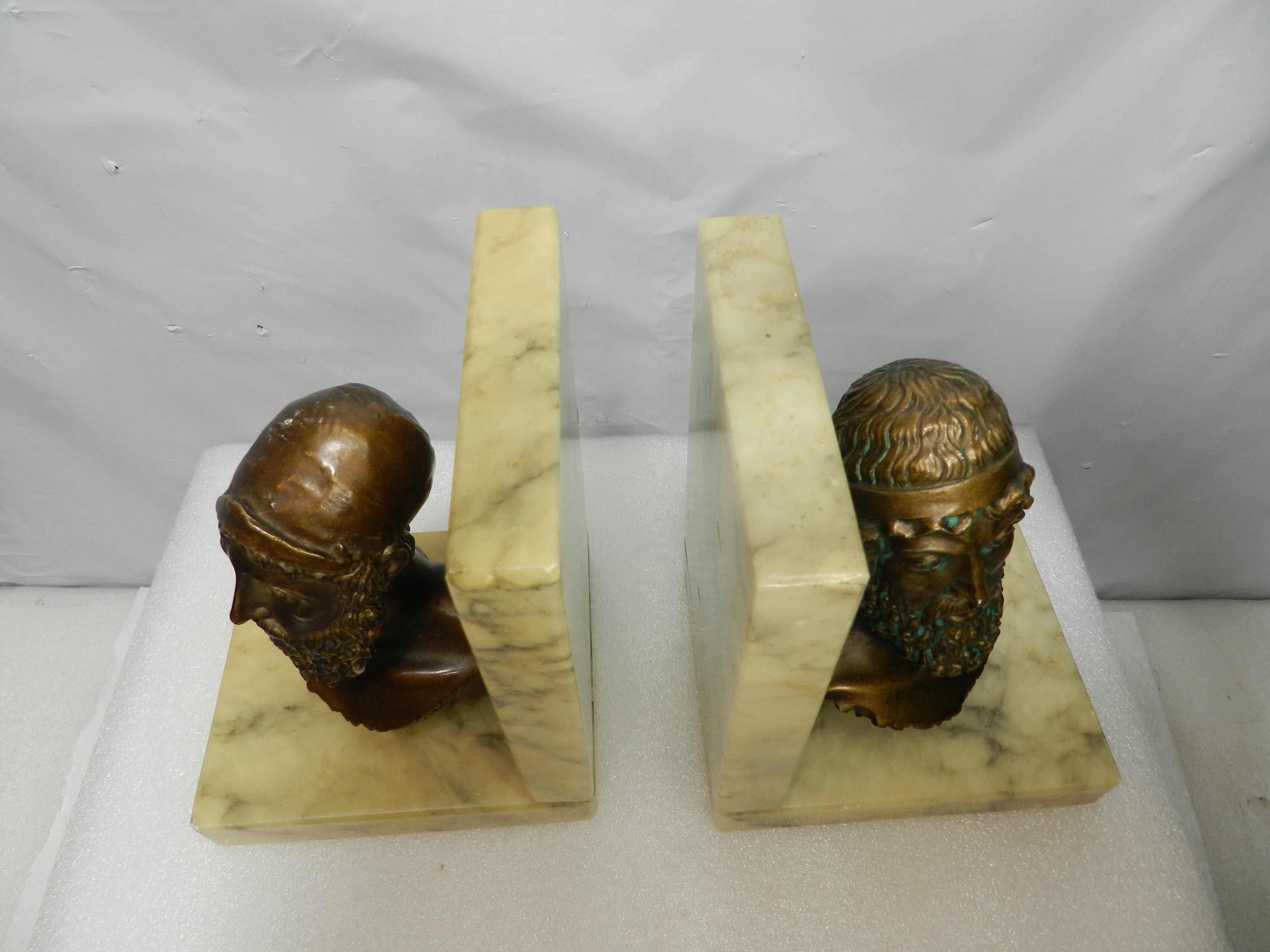 Vintage Bookends Bronze-Finished Busts Homer & Poseidon Marble Bases Italy N8J - Thumbnail 3