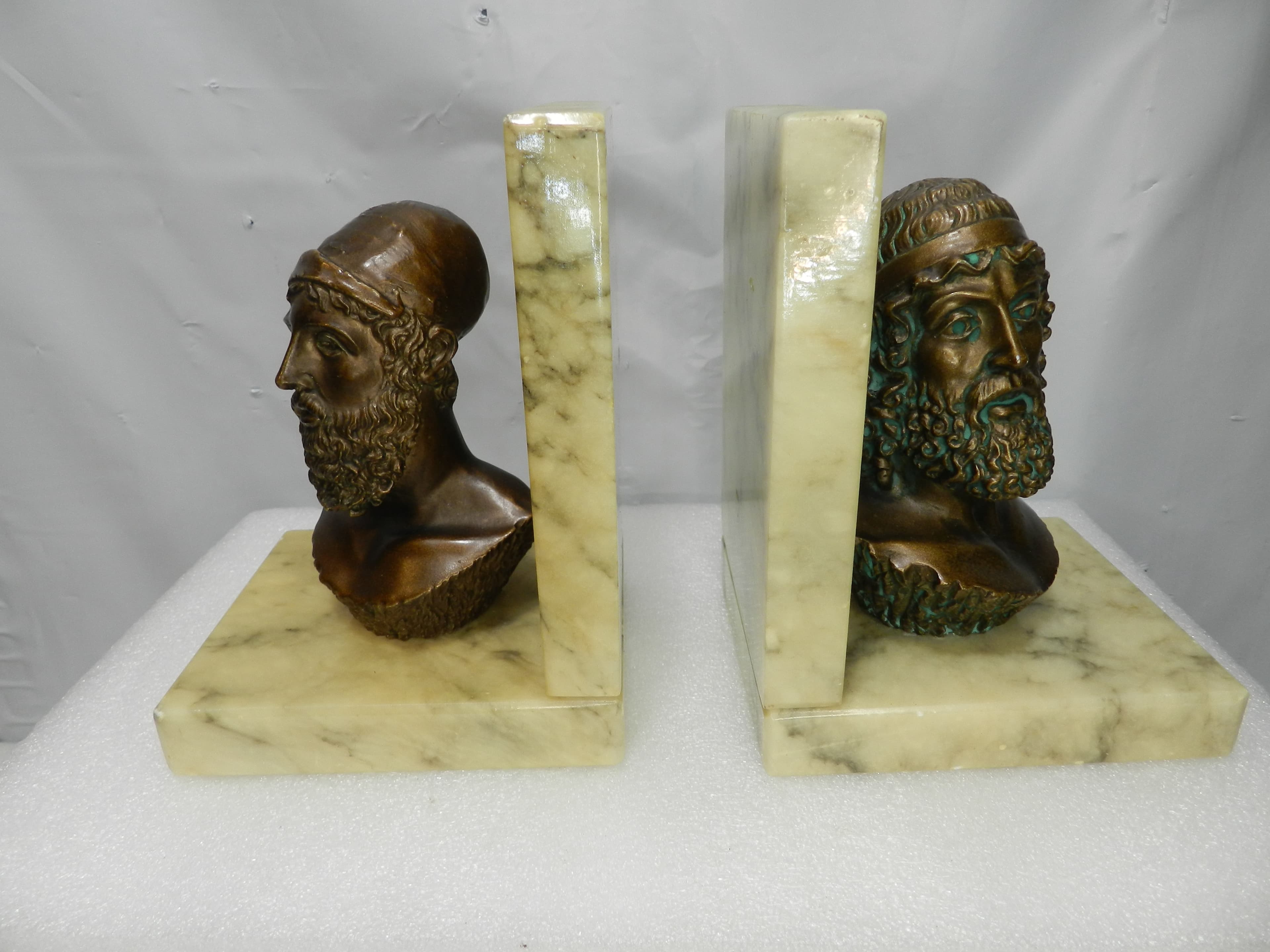 Vintage Bookends Bronze-Finished Busts Homer & Poseidon Marble Bases Italy N8J - Thumbnail 4