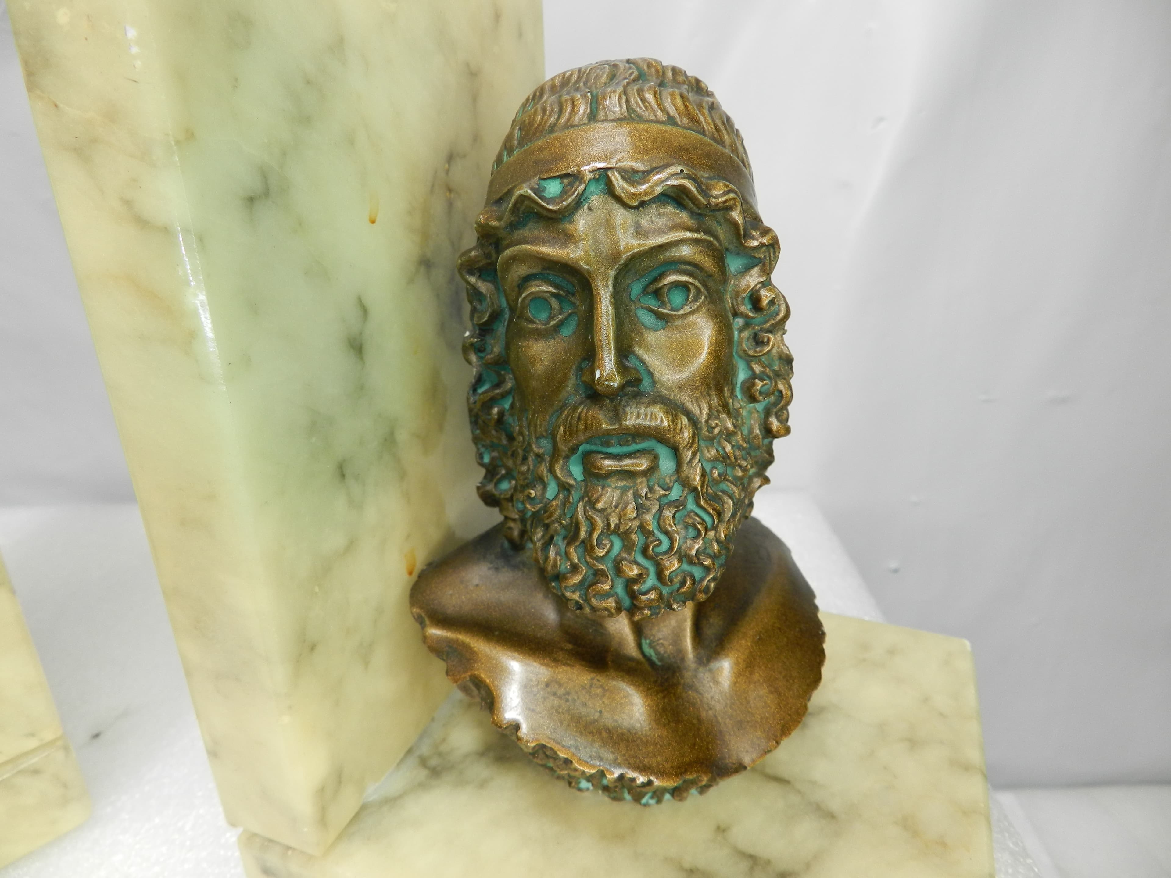 Vintage Bookends Bronze-Finished Busts Homer & Poseidon Marble Bases Italy N8J - Thumbnail 5