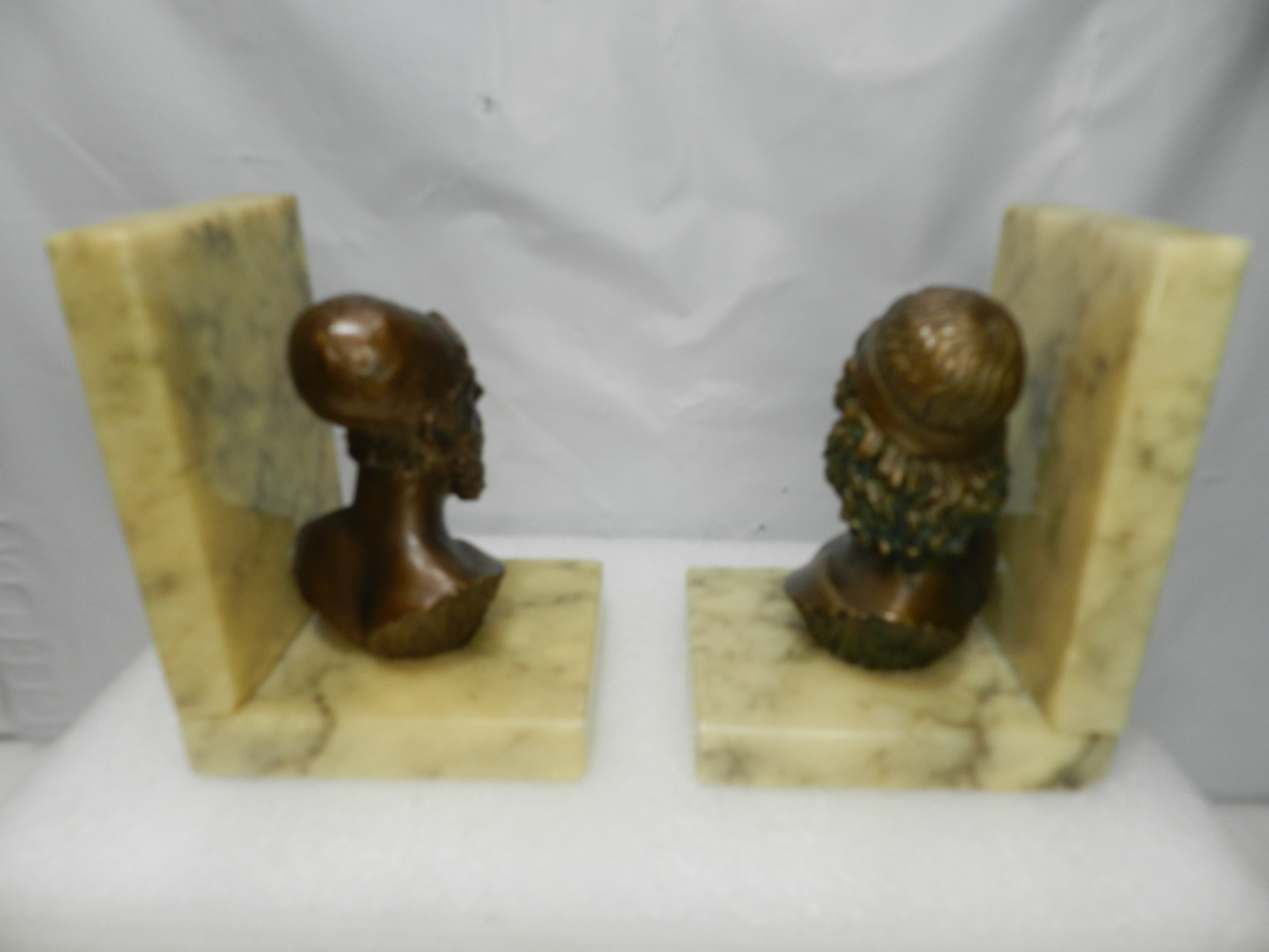 Vintage Bookends Bronze-Finished Busts Homer & Poseidon Marble Bases Italy N8J - Thumbnail 7