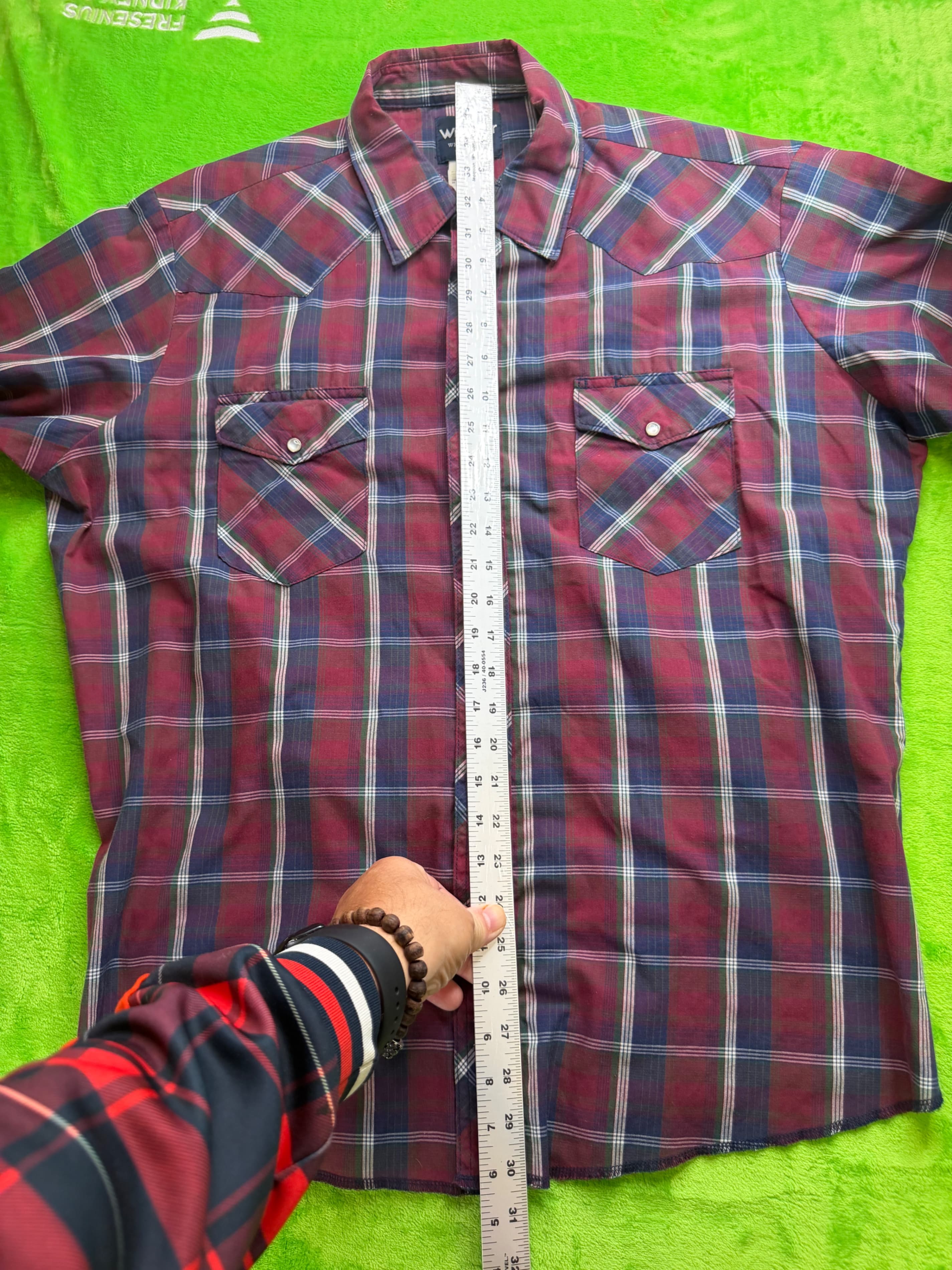 Wrangler Western Pearl Snap SS Shirt Mens XL Burgundy Navy Plaid - Thumbnail 4