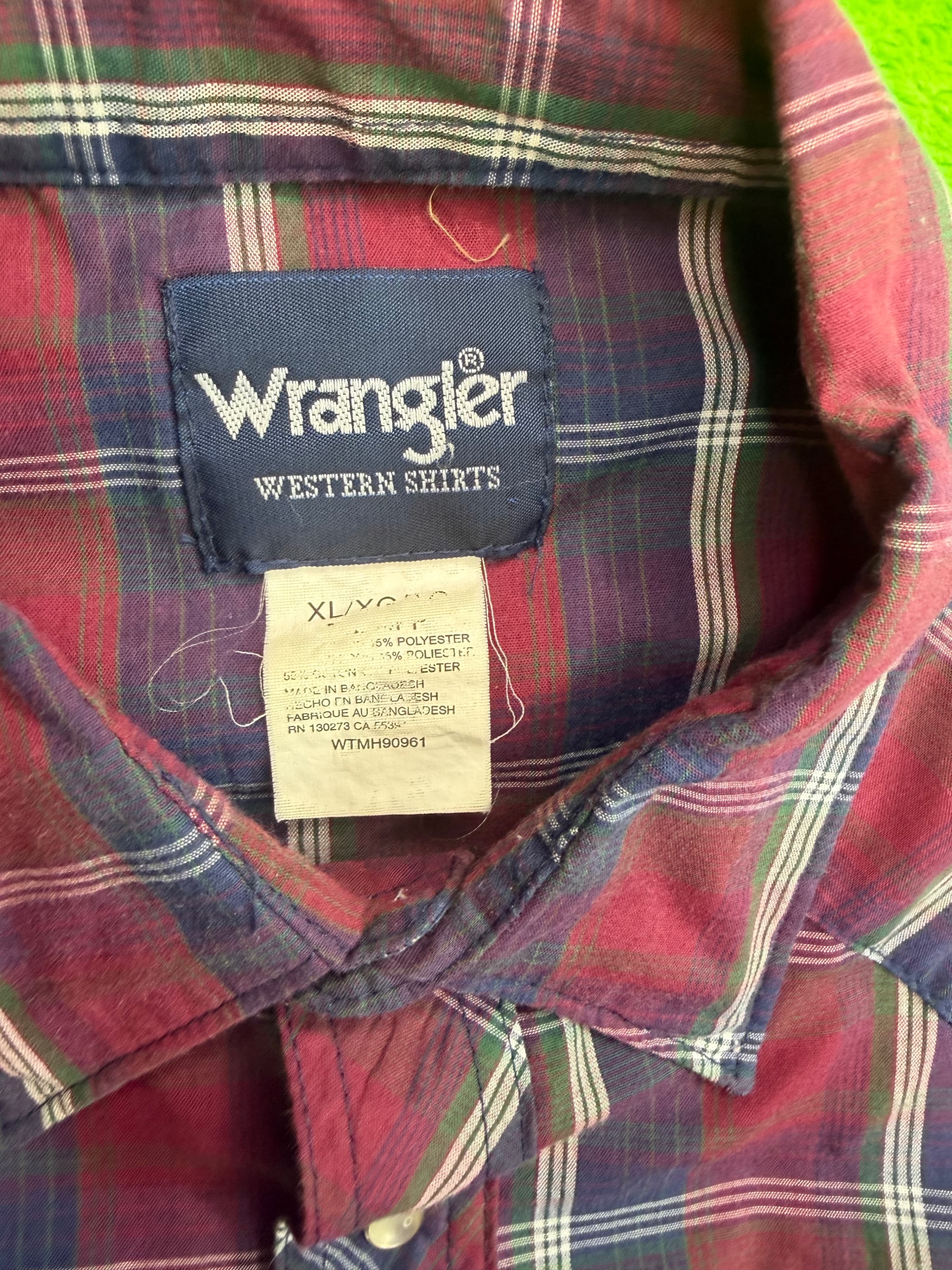 Wrangler Western Pearl Snap SS Shirt Mens XL Burgundy Navy Plaid - Thumbnail 5
