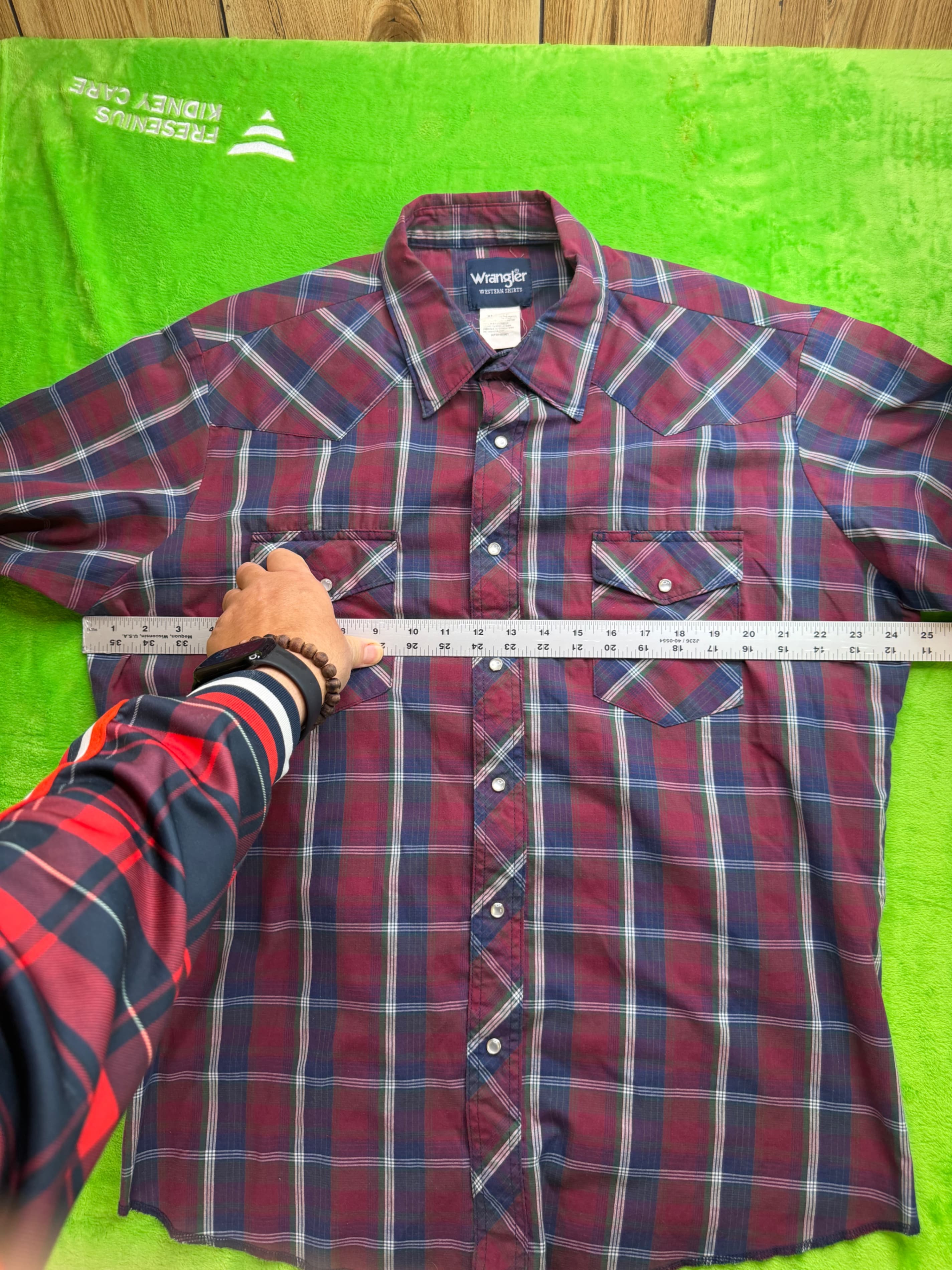 Wrangler Western Pearl Snap SS Shirt Mens XL Burgundy Navy Plaid - Thumbnail 6