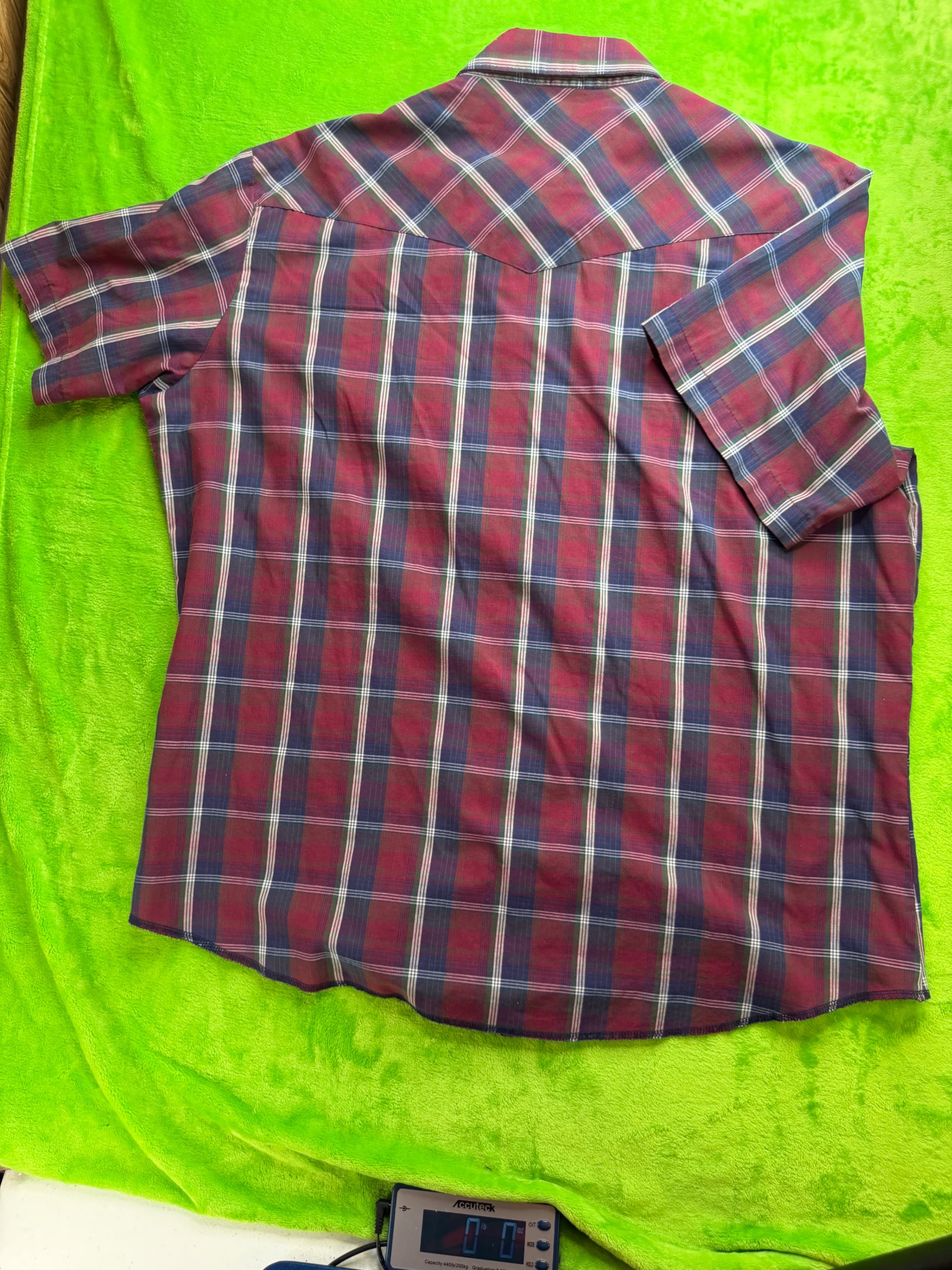 Wrangler Western Pearl Snap SS Shirt Mens XL Burgundy Navy Plaid - Thumbnail 2