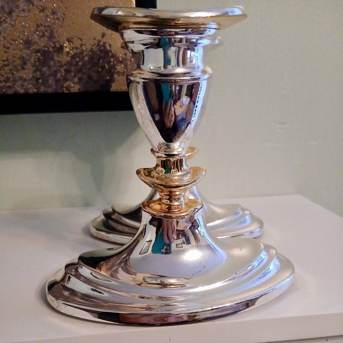 Made in England; Vintage silver plated candlestick holders with gold gilding~12 cm tall - Thumbnail 3