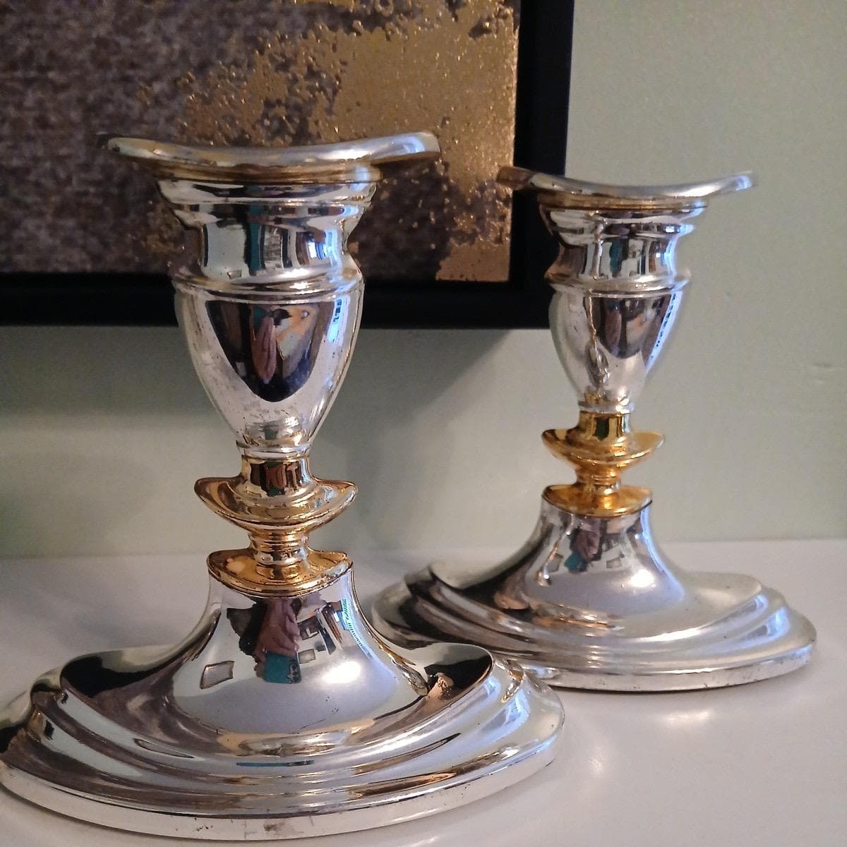 Made in England; Vintage silver plated candlestick holders with gold gilding~12 cm tall