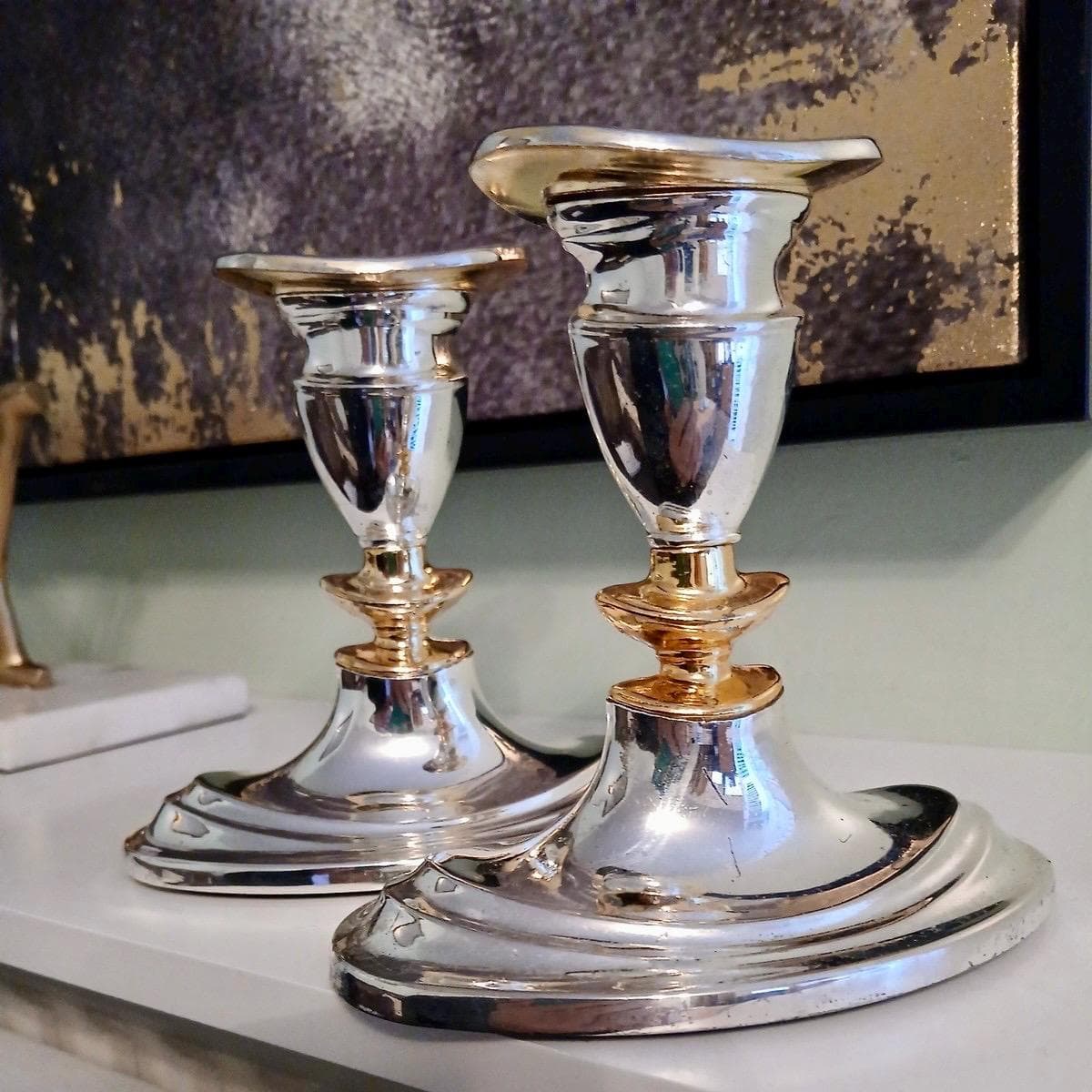 Made in England; Vintage silver plated candlestick holders with gold gilding~12 cm tall - Thumbnail 2