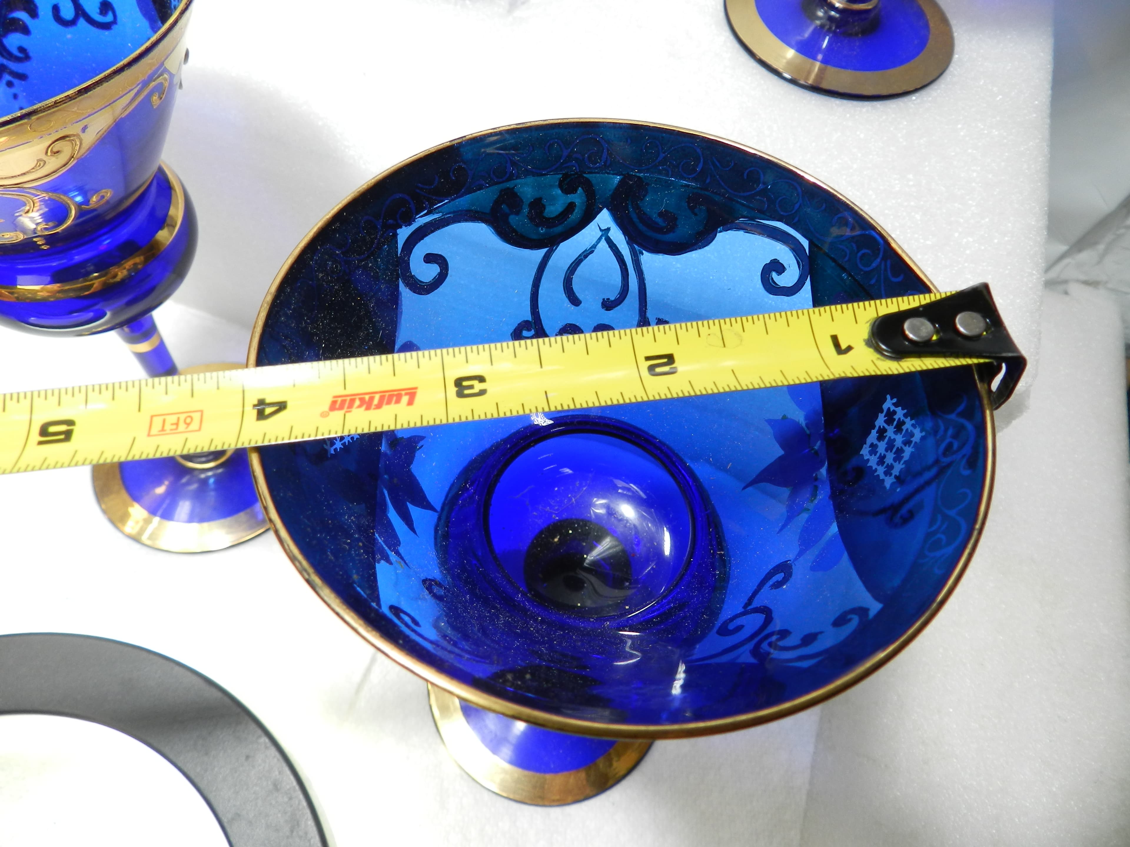 4 Antique Murano Venetian Stem Wine Glasses Cobalt Blue 24kt Gold  (N21J) - Thumbnail 2